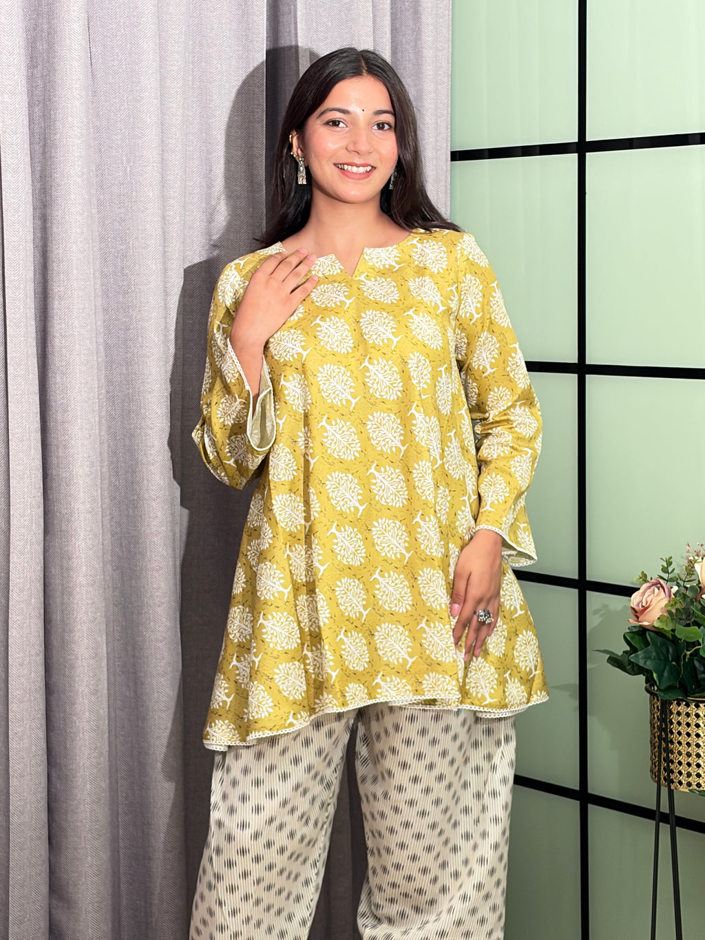 Sunshine Yellow Cotton Co-Ord Set with Elegant Botanical Print