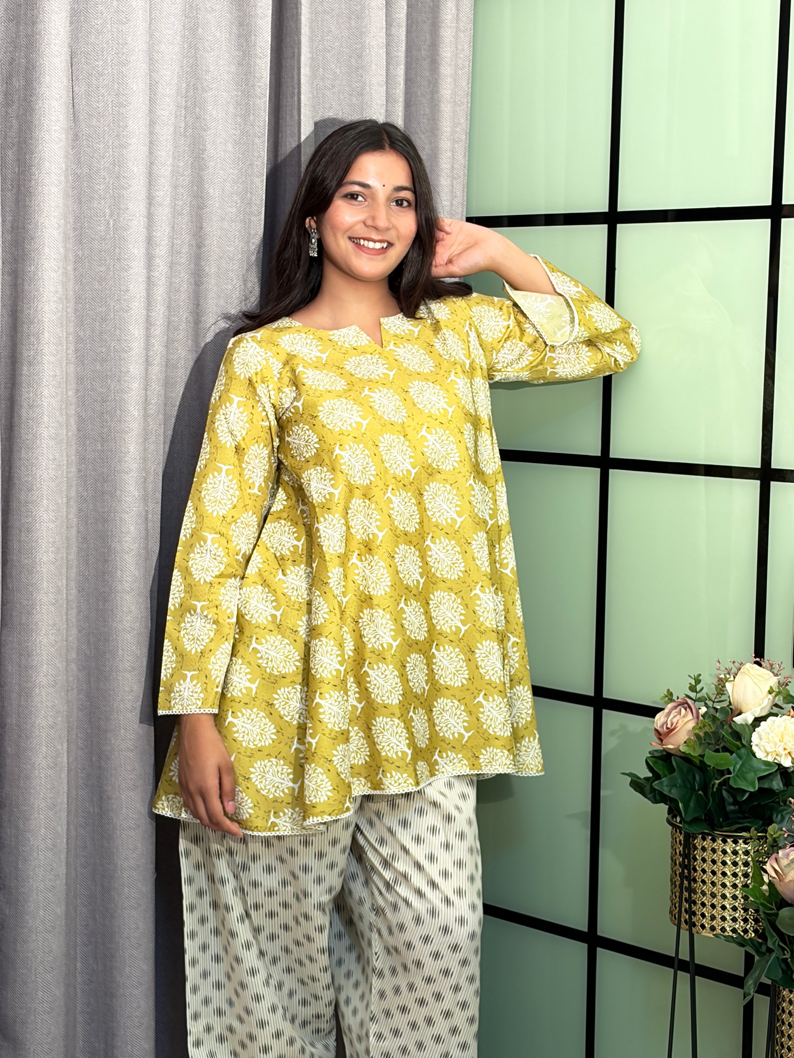 Sunshine Yellow Cotton Co-Ord Set with Elegant Botanical Print
