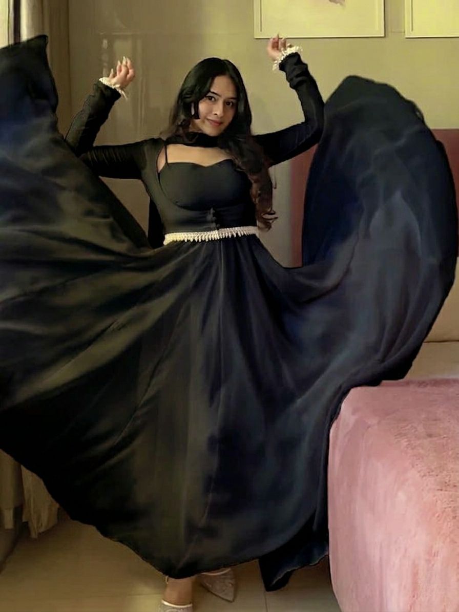 Midnight Black Flared Anarkali Gown with Elegant Square Neckline and Pearl Embellished Waist Belt
