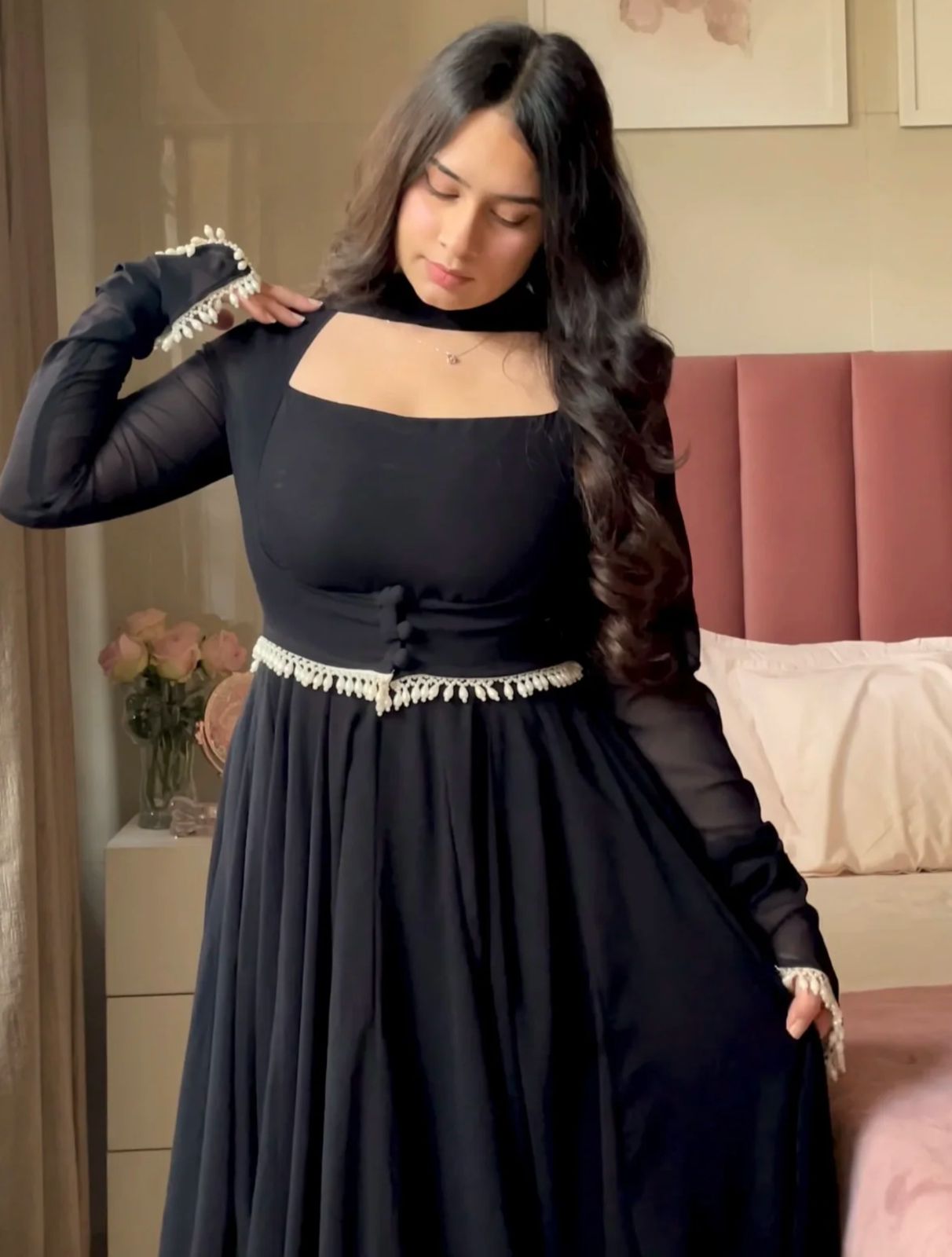 Midnight Black Flared Anarkali Gown with Elegant Square Neckline and Pearl Embellished Waist Belt