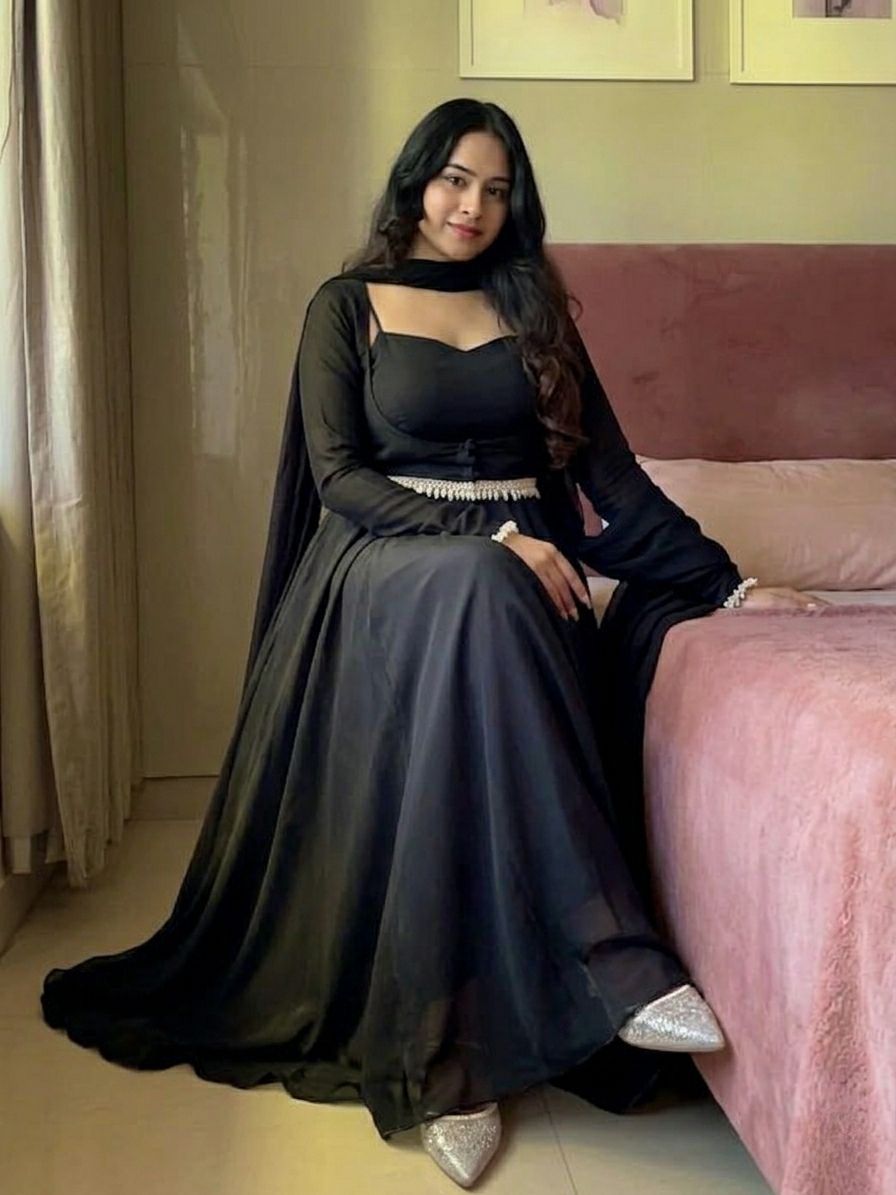 Midnight Black Flared Anarkali Gown with Elegant Square Neckline and Pearl Embellished Waist Belt