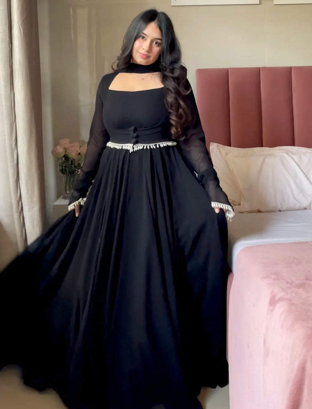 Midnight Black Flared Anarkali Gown with Elegant Square Neckline and Pearl Embellished Waist Belt