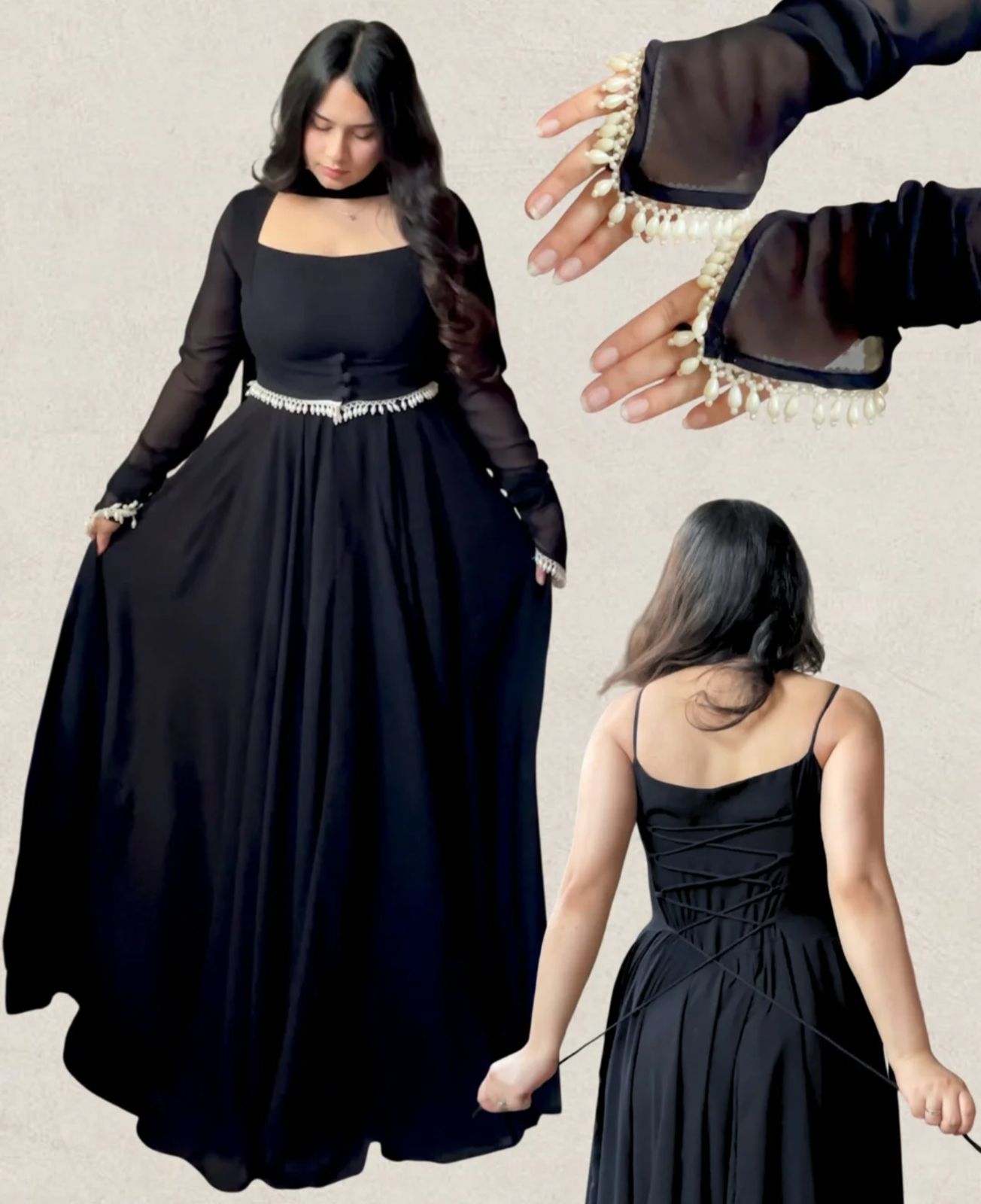 Midnight Black Flared Anarkali Gown with Elegant Square Neckline and Pearl Embellished Waist Belt