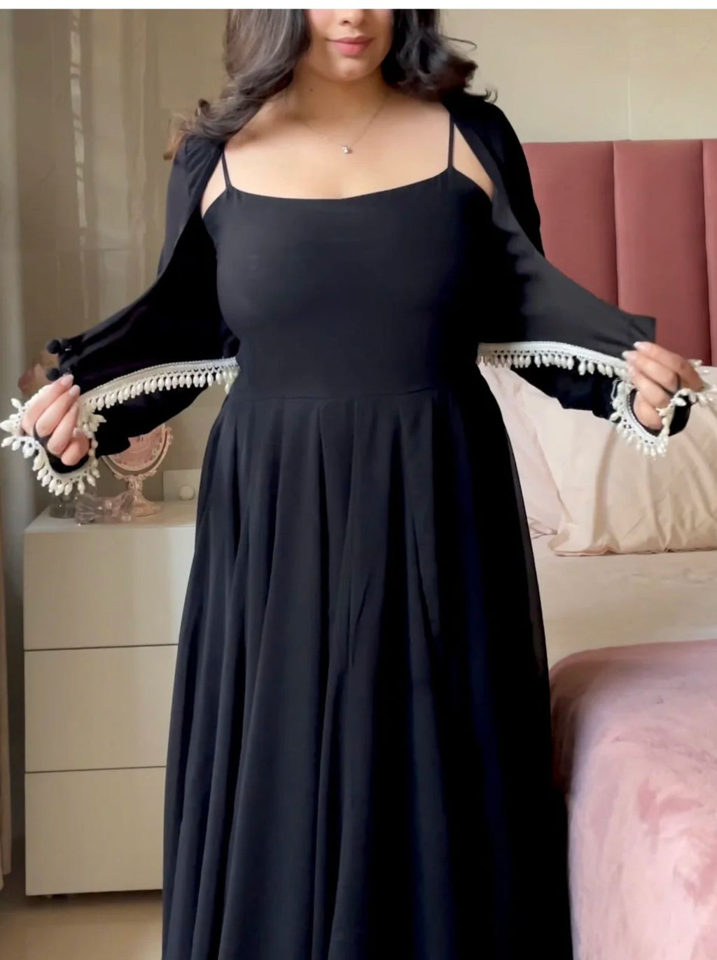 Midnight Black Flared Anarkali Gown with Elegant Square Neckline and Pearl Embellished Waist Belt