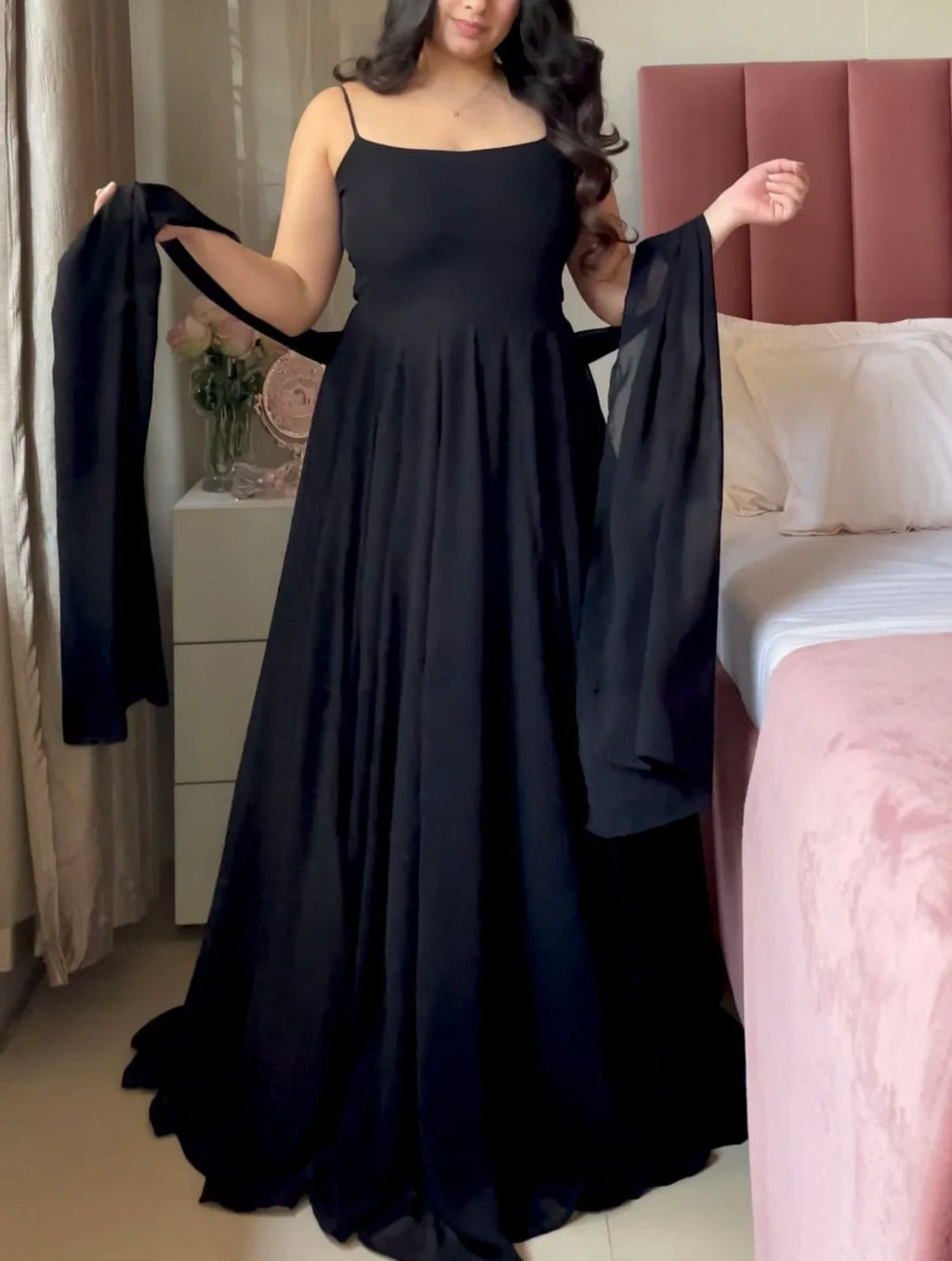 Midnight Black Flared Anarkali Gown with Elegant Square Neckline and Pearl Embellished Waist Belt