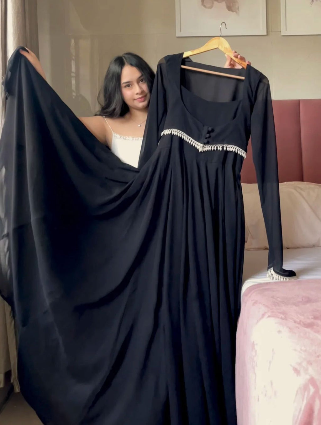 Midnight Black Flared Anarkali Gown with Elegant Square Neckline and Pearl Embellished Waist Belt