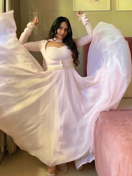 Blush Pink Flared Anarkali Gown with Elegant Square Neckline, Sheer Sleeves and Pearl Embellished Waist Belt