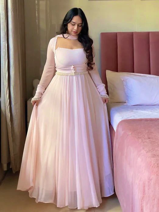 Blush Pink Flared Anarkali Gown with Elegant Square Neckline, Sheer Sleeves and Pearl Embellished Waist Belt