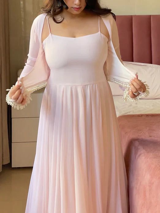 Blush Pink Flared Anarkali Gown with Elegant Square Neckline, Sheer Sleeves and Pearl Embellished Waist Belt