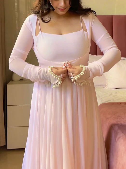Blush Pink Flared Anarkali Gown with Elegant Square Neckline, Sheer Sleeves and Pearl Embellished Waist Belt