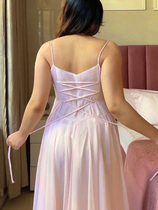 Blush Pink Flared Anarkali Gown with Elegant Square Neckline, Sheer Sleeves and Pearl Embellished Waist Belt