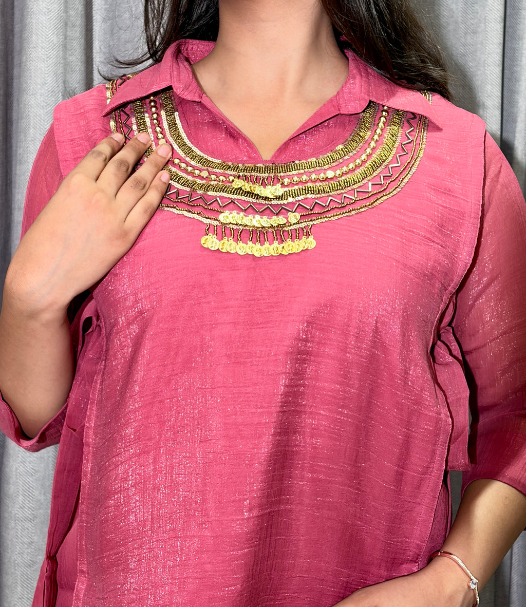 Rose Pink Crunchy  Silk Co-Ord Set with Handwork Embroidered Neckline