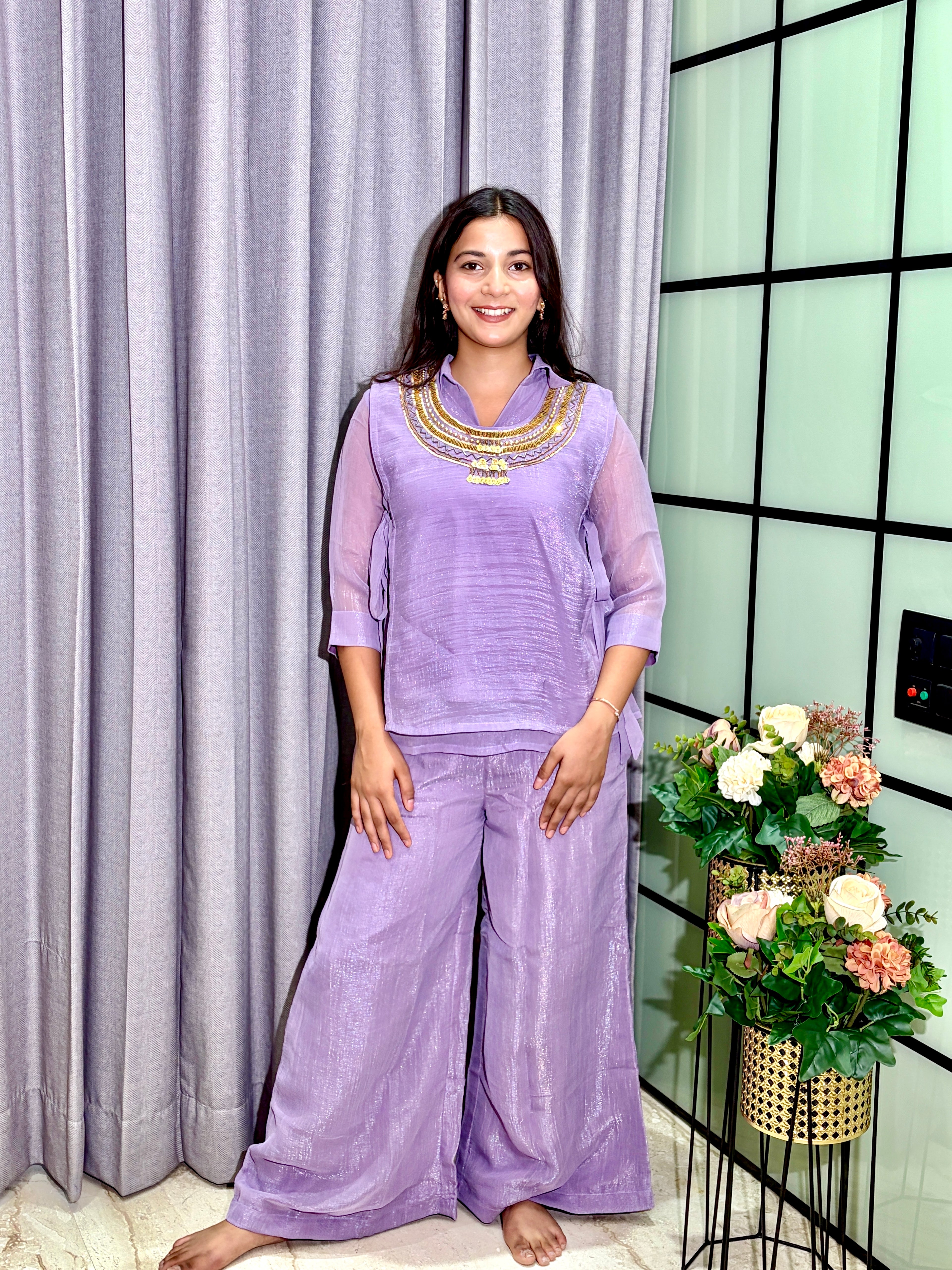 Lavender Crunchy Silk Embroidered Co-Ord Set with Statement Neckline