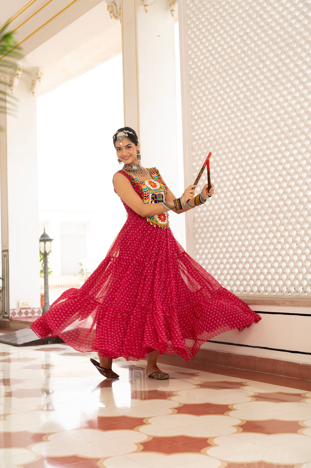 Royal Red Kutchi Mirror Work Embroidered Yoke with Traditional Patchwork, Ethnic Print and Graceful Flared Anarkali Gown