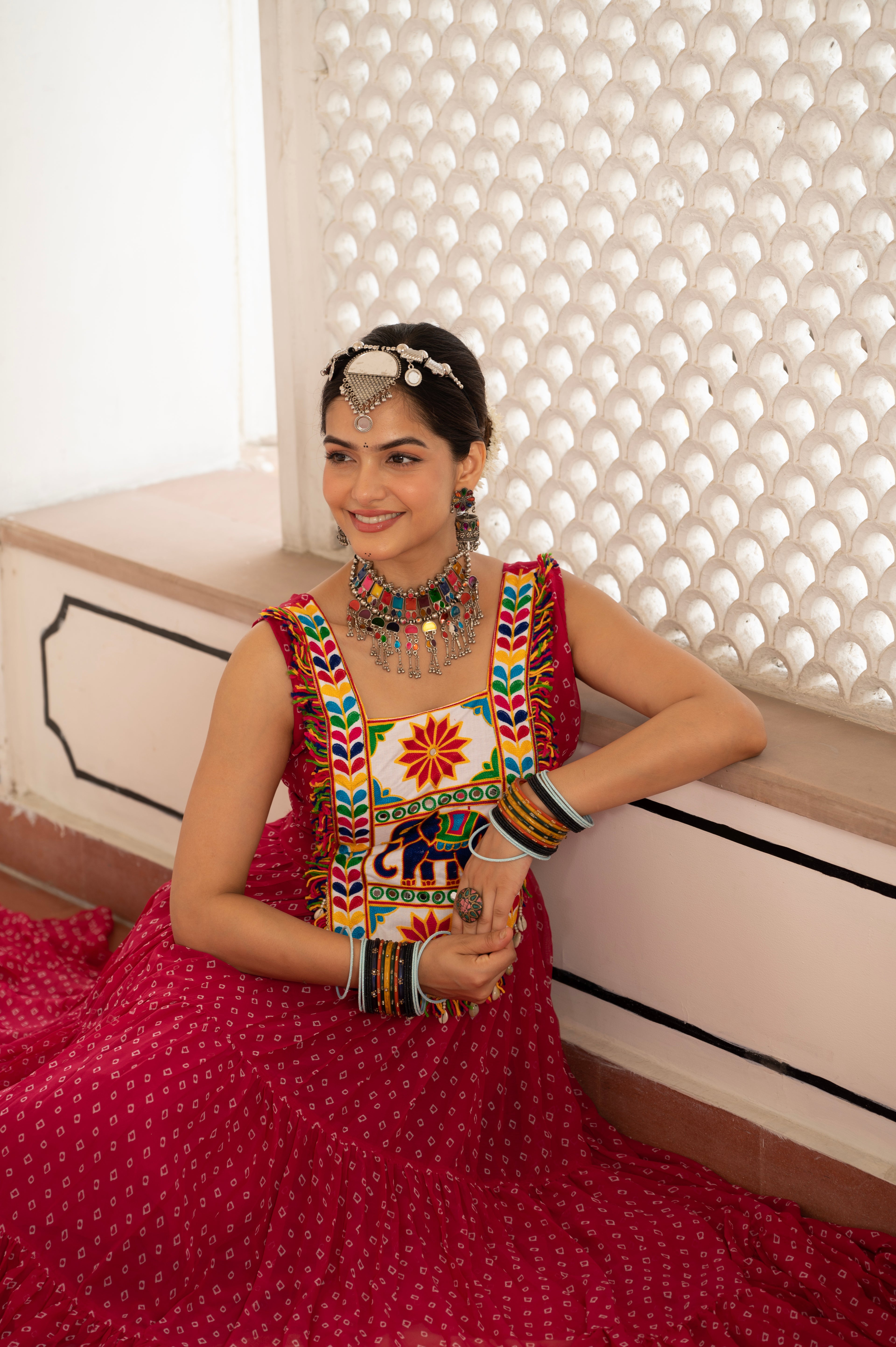 Royal Red Kutchi Mirror Work Embroidered Yoke with Traditional Patchwork, Ethnic Print and Graceful Flared Anarkali Gown