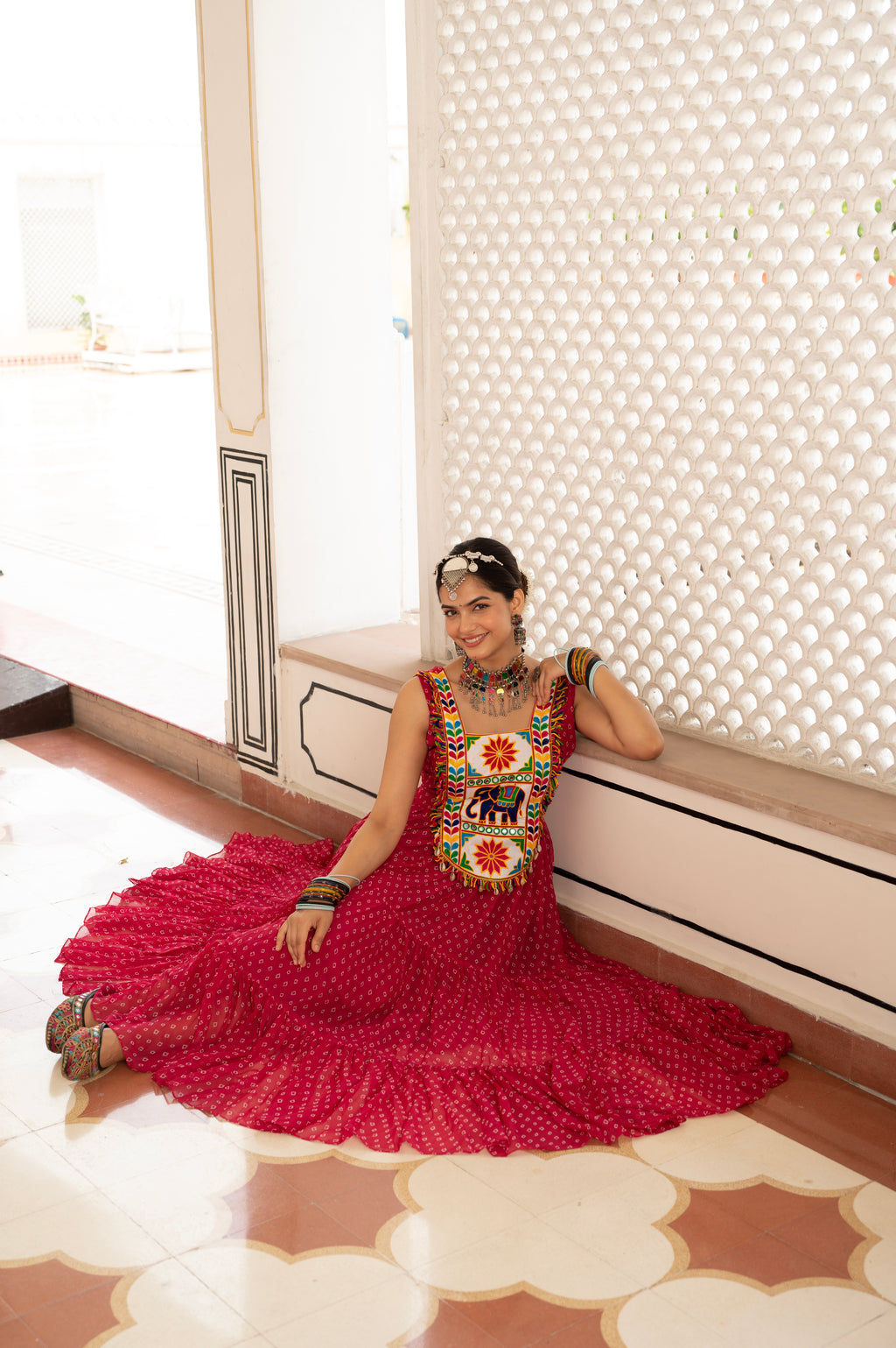 Royal Red Kutchi Mirror Work Embroidered Yoke with Traditional Patchwork, Ethnic Print and Graceful Flared Anarkali Gown