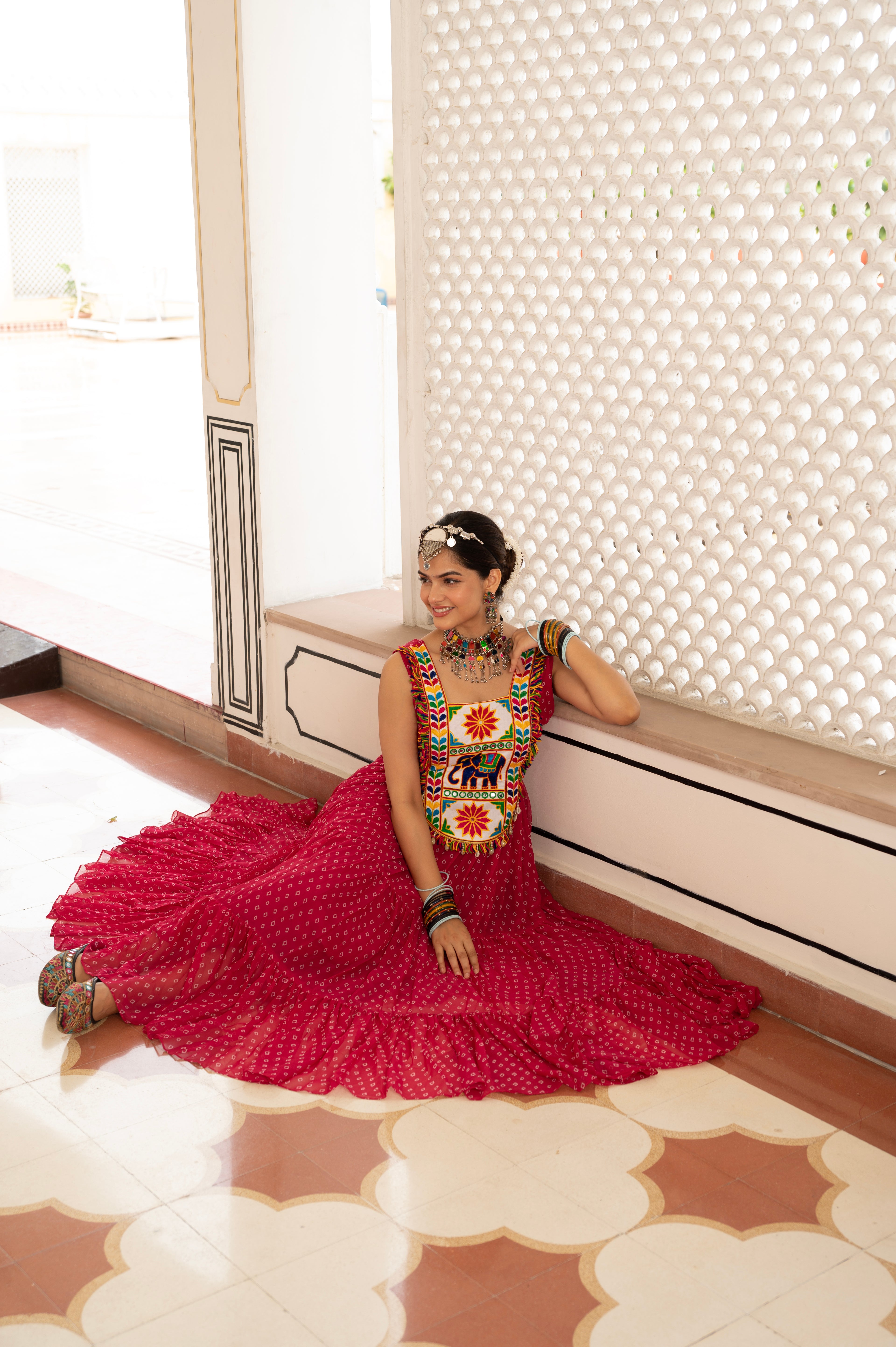 Royal Red Kutchi Mirror Work Embroidered Yoke with Traditional Patchwork, Ethnic Print and Graceful Flared Anarkali Gown