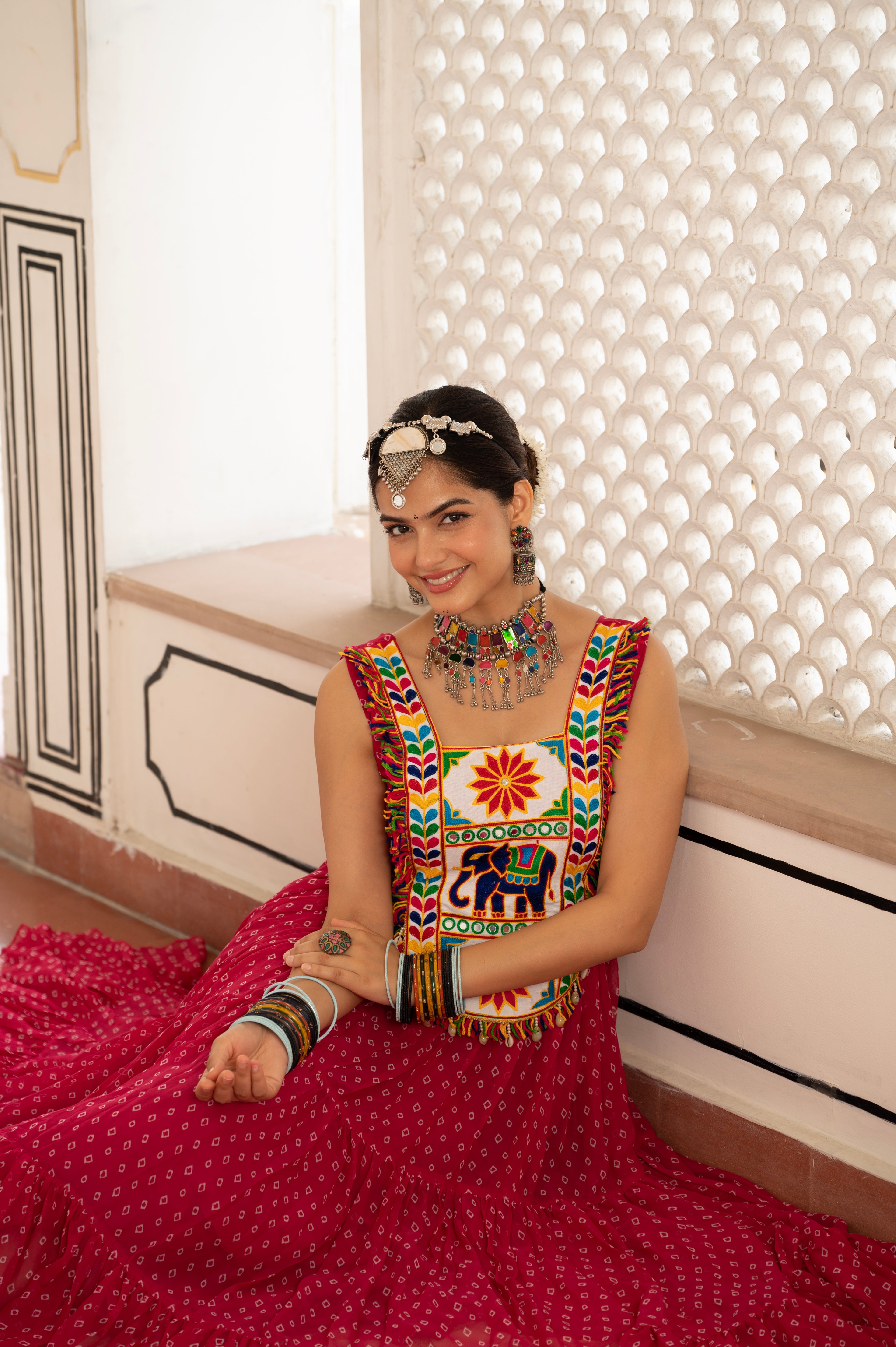 Royal Red Kutchi Mirror Work Embroidered Yoke with Traditional Patchwork, Ethnic Print and Graceful Flared Anarkali Gown
