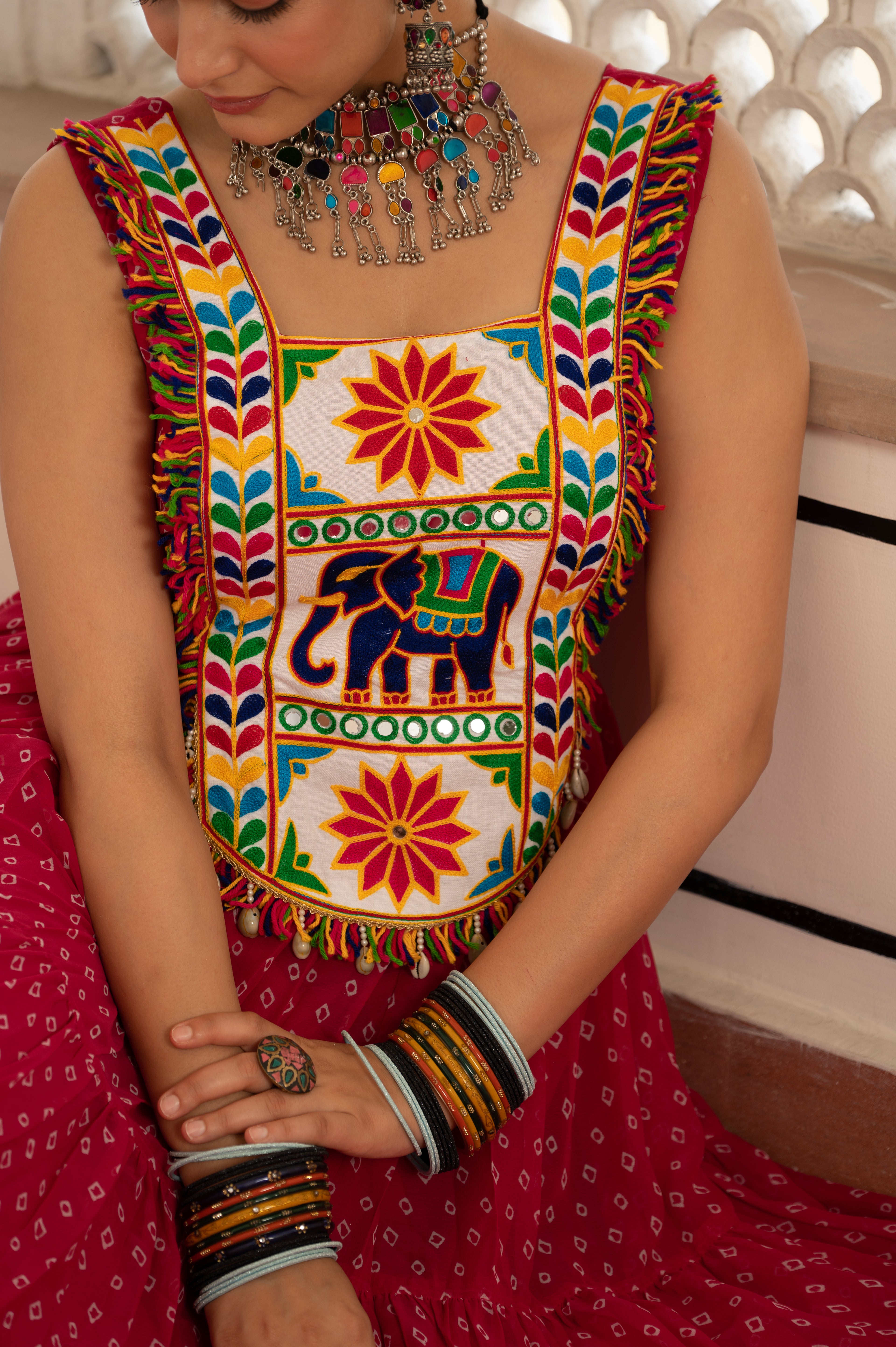 Royal Red Kutchi Mirror Work Embroidered Yoke with Traditional Patchwork, Ethnic Print and Graceful Flared Anarkali Gown