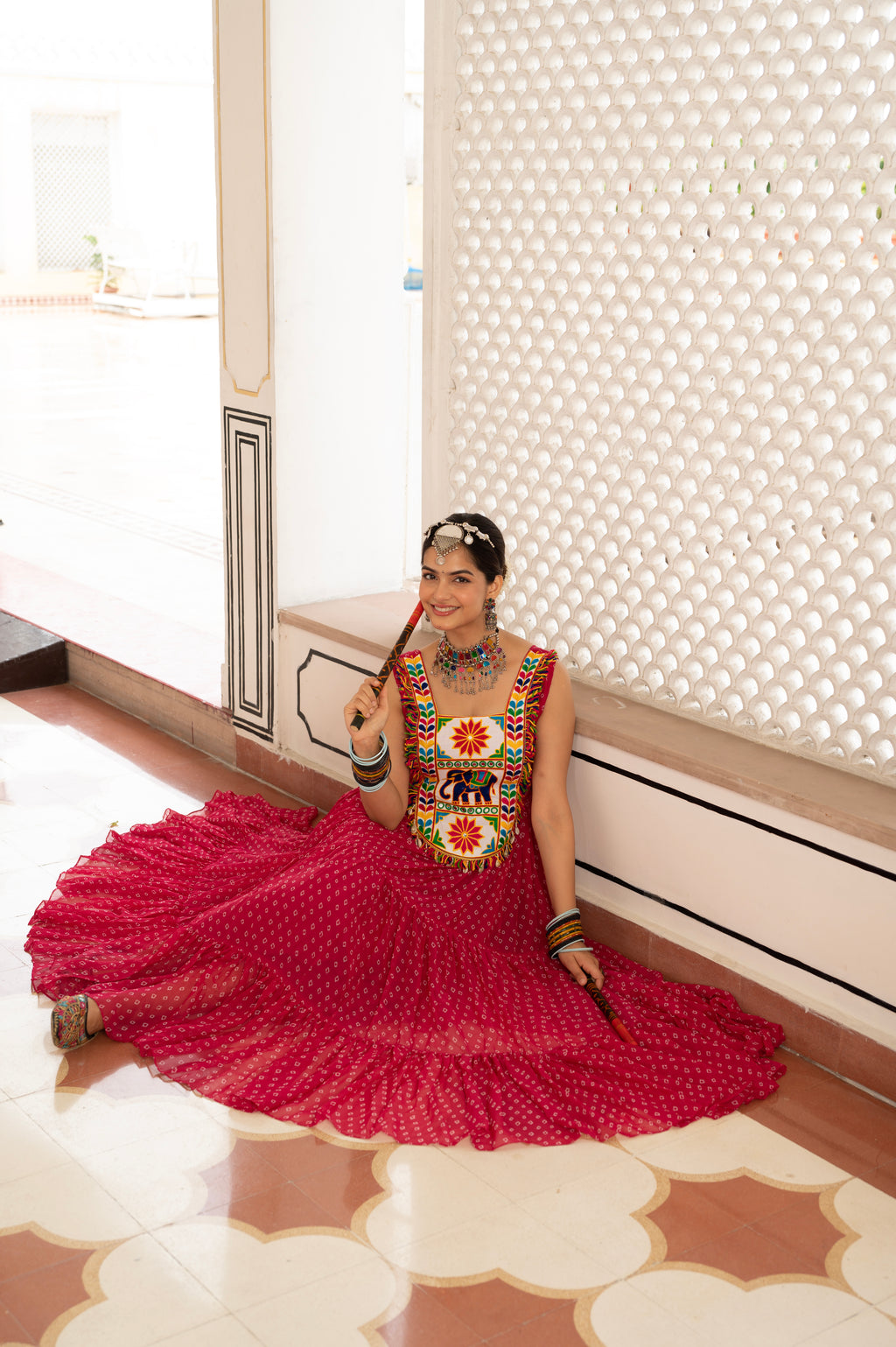 Royal Red Kutchi Mirror Work Embroidered Yoke with Traditional Patchwork, Ethnic Print and Graceful Flared Anarkali Gown