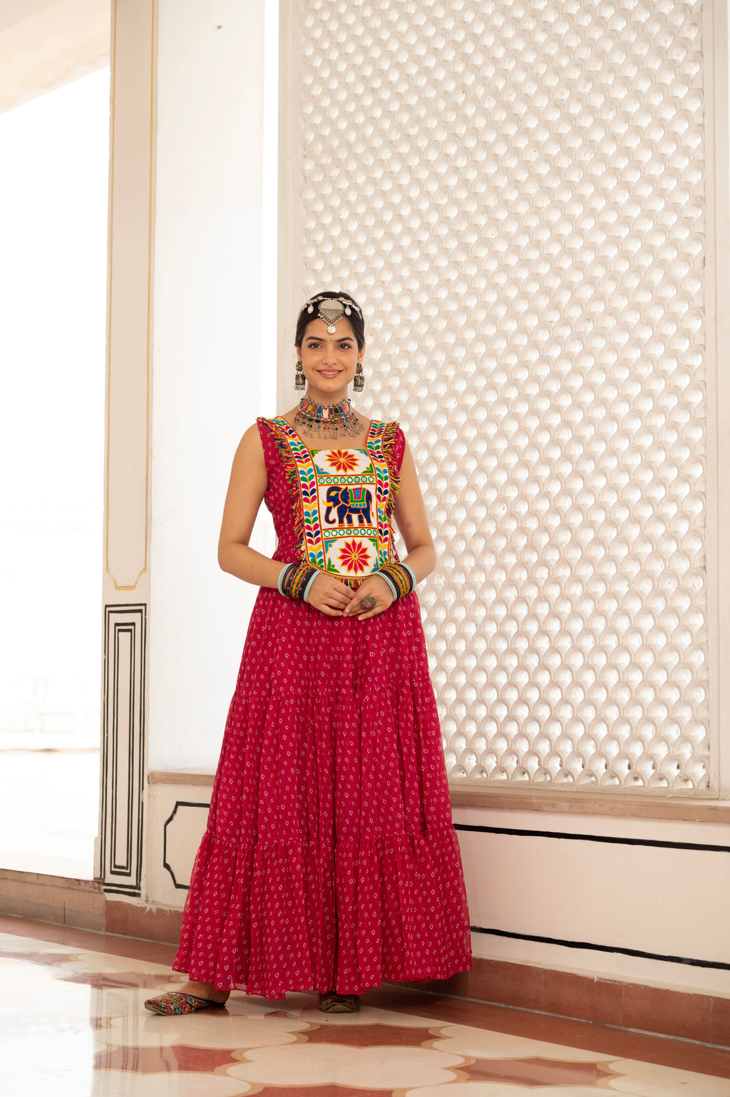 Royal Red Kutchi Mirror Work Embroidered Yoke with Traditional Patchwork, Ethnic Print and Graceful Flared Anarkali Gown