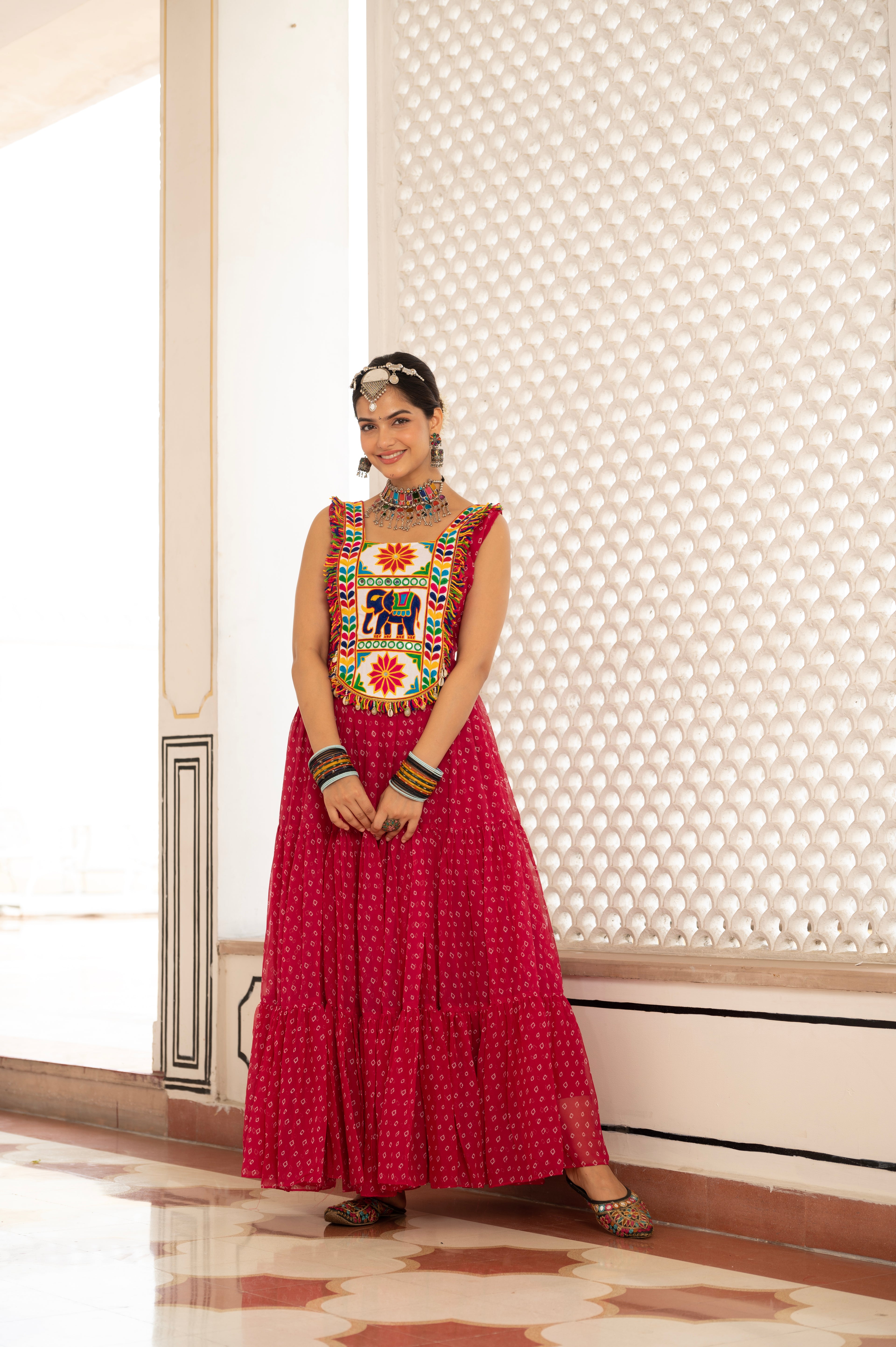 Royal Red Kutchi Mirror Work Embroidered Yoke with Traditional Patchwork, Ethnic Print and Graceful Flared Anarkali Gown