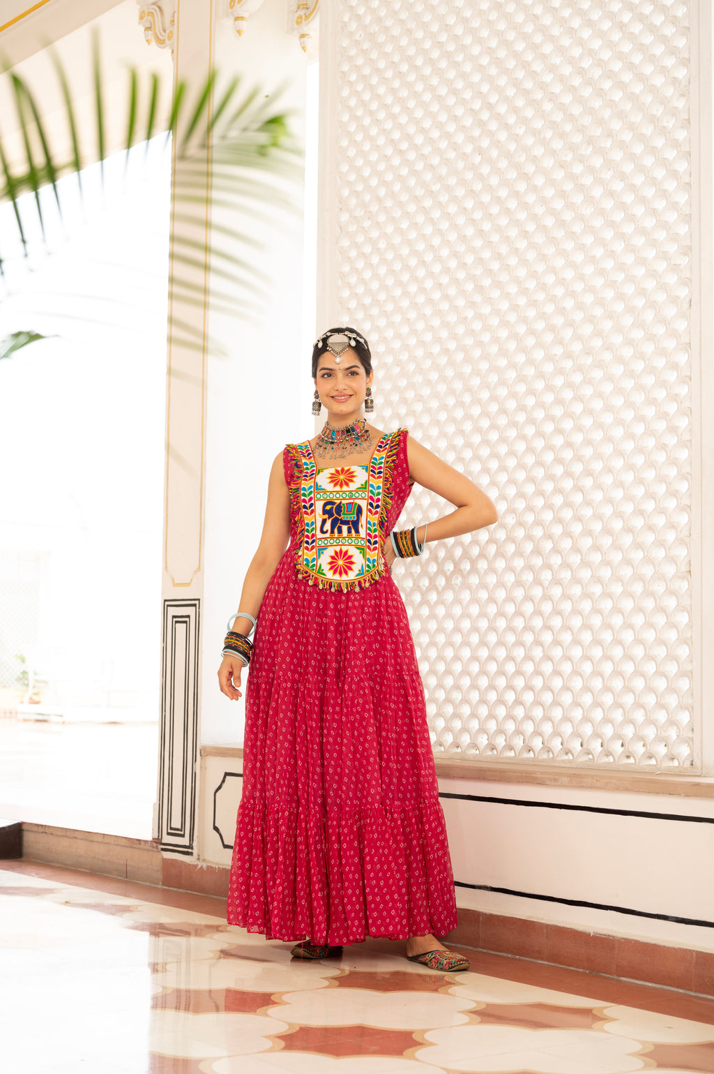 Royal Red Kutchi Mirror Work Embroidered Yoke with Traditional Patchwork, Ethnic Print and Graceful Flared Anarkali Gown
