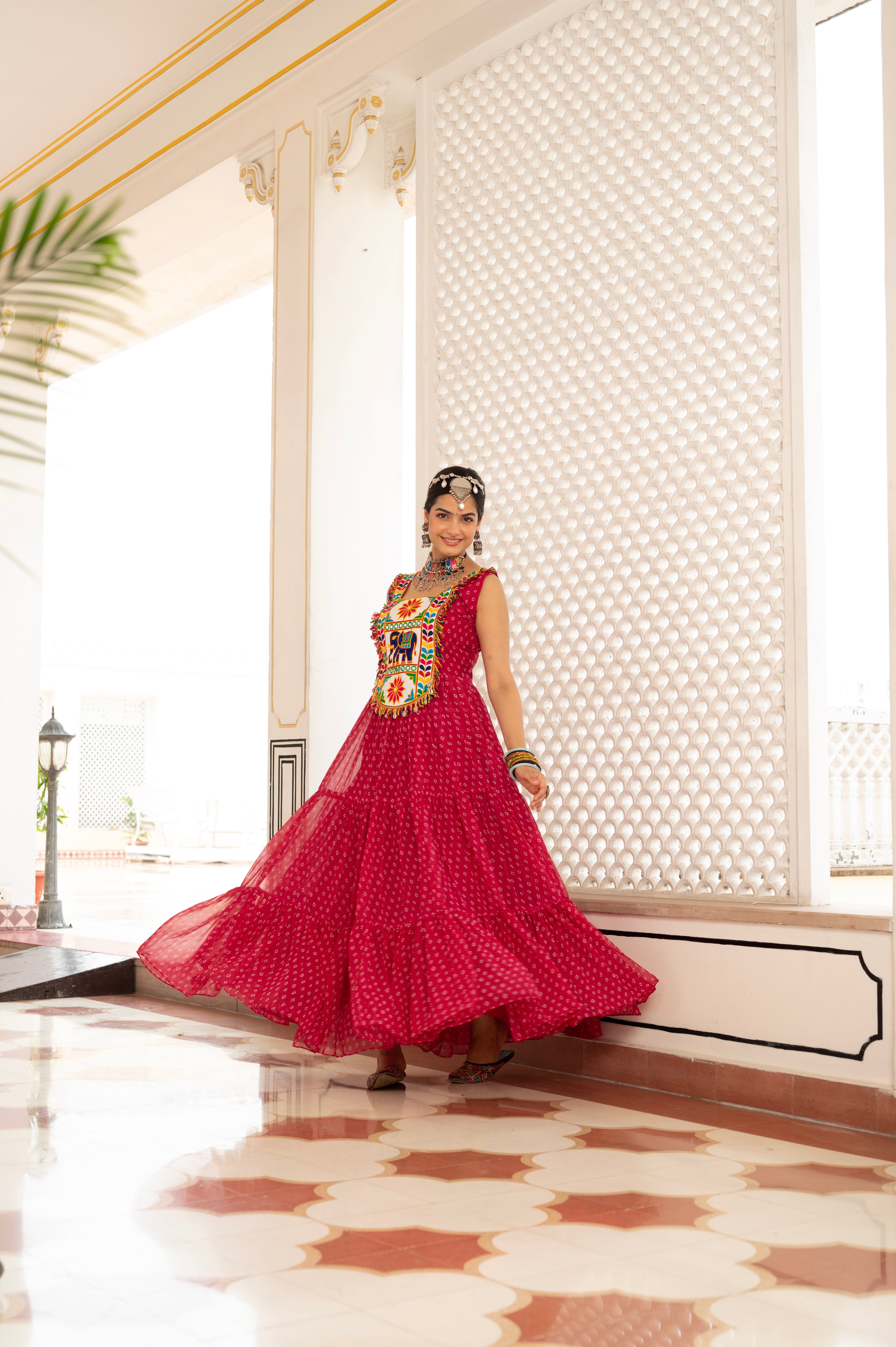 Royal Red Kutchi Mirror Work Embroidered Yoke with Traditional Patchwork, Ethnic Print and Graceful Flared Anarkali Gown