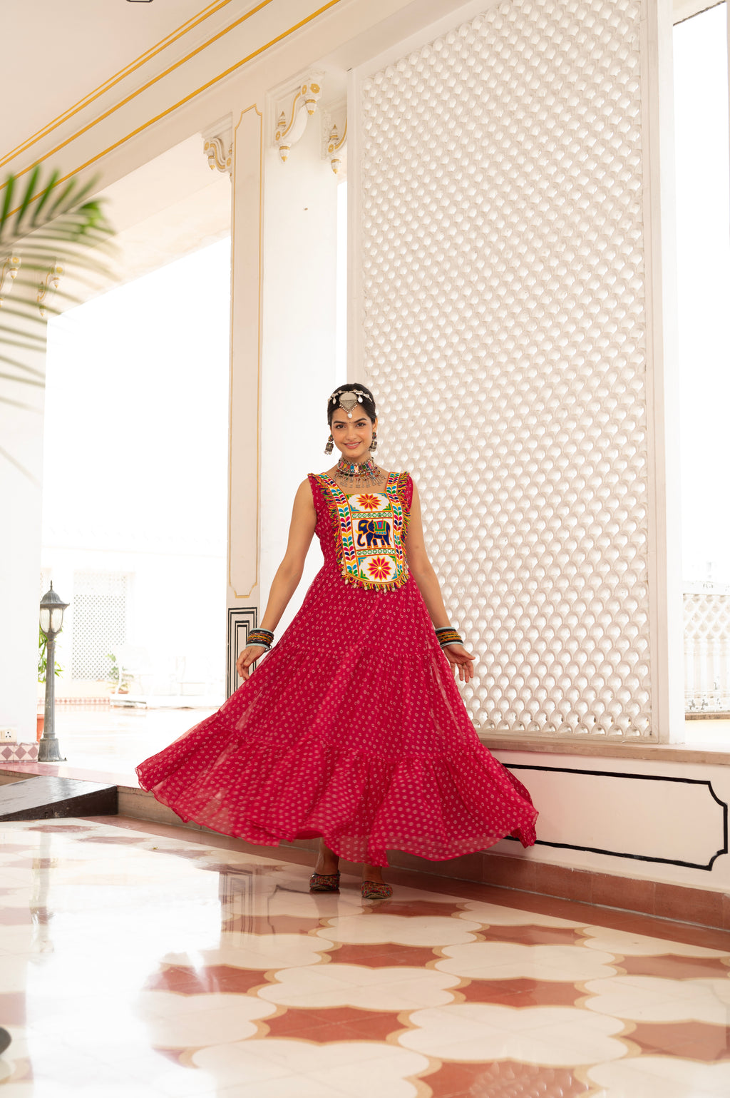 Royal Red Kutchi Mirror Work Embroidered Yoke with Traditional Patchwork, Ethnic Print and Graceful Flared Anarkali Gown