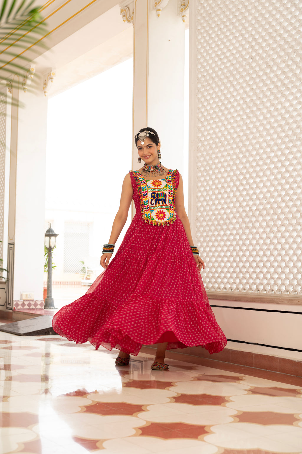 Royal Red Kutchi Mirror Work Embroidered Yoke with Traditional Patchwork, Ethnic Print and Graceful Flared Anarkali Gown