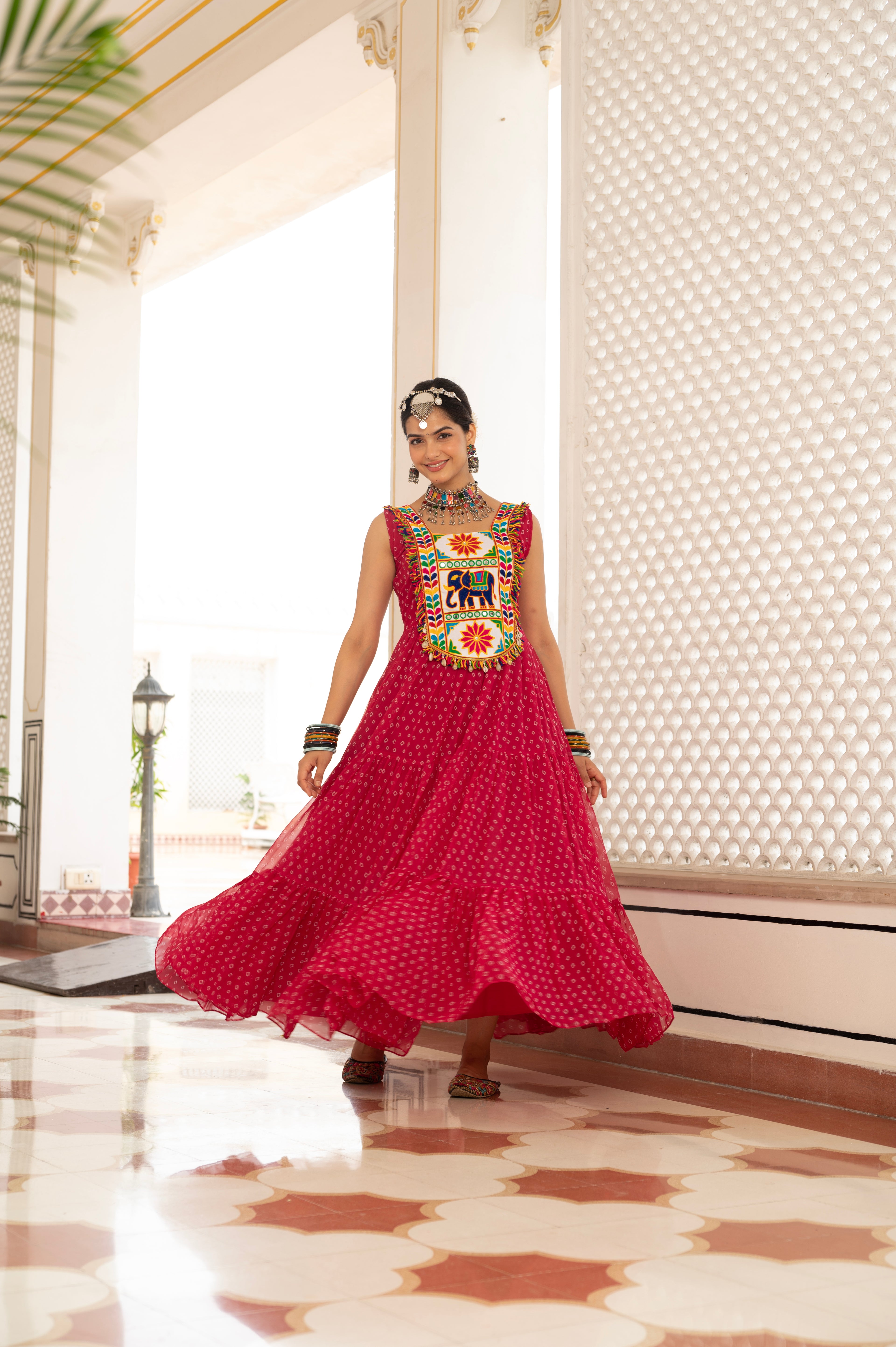 Royal Red Kutchi Mirror Work Embroidered Yoke with Traditional Patchwork, Ethnic Print and Graceful Flared Anarkali Gown