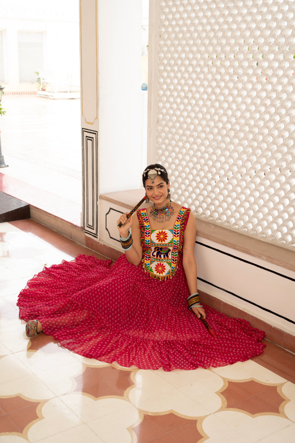 Royal Red Kutchi Mirror Work Embroidered Yoke with Traditional Patchwork, Ethnic Print and Graceful Flared Anarkali Gown