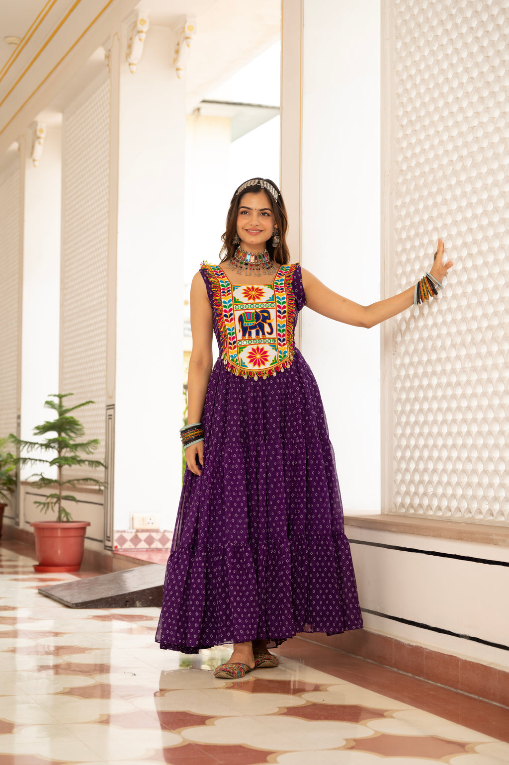Royal Purple Kutchi Patchwork Embroidered Yoke with Traditional Print and Flared Anarkali Gown