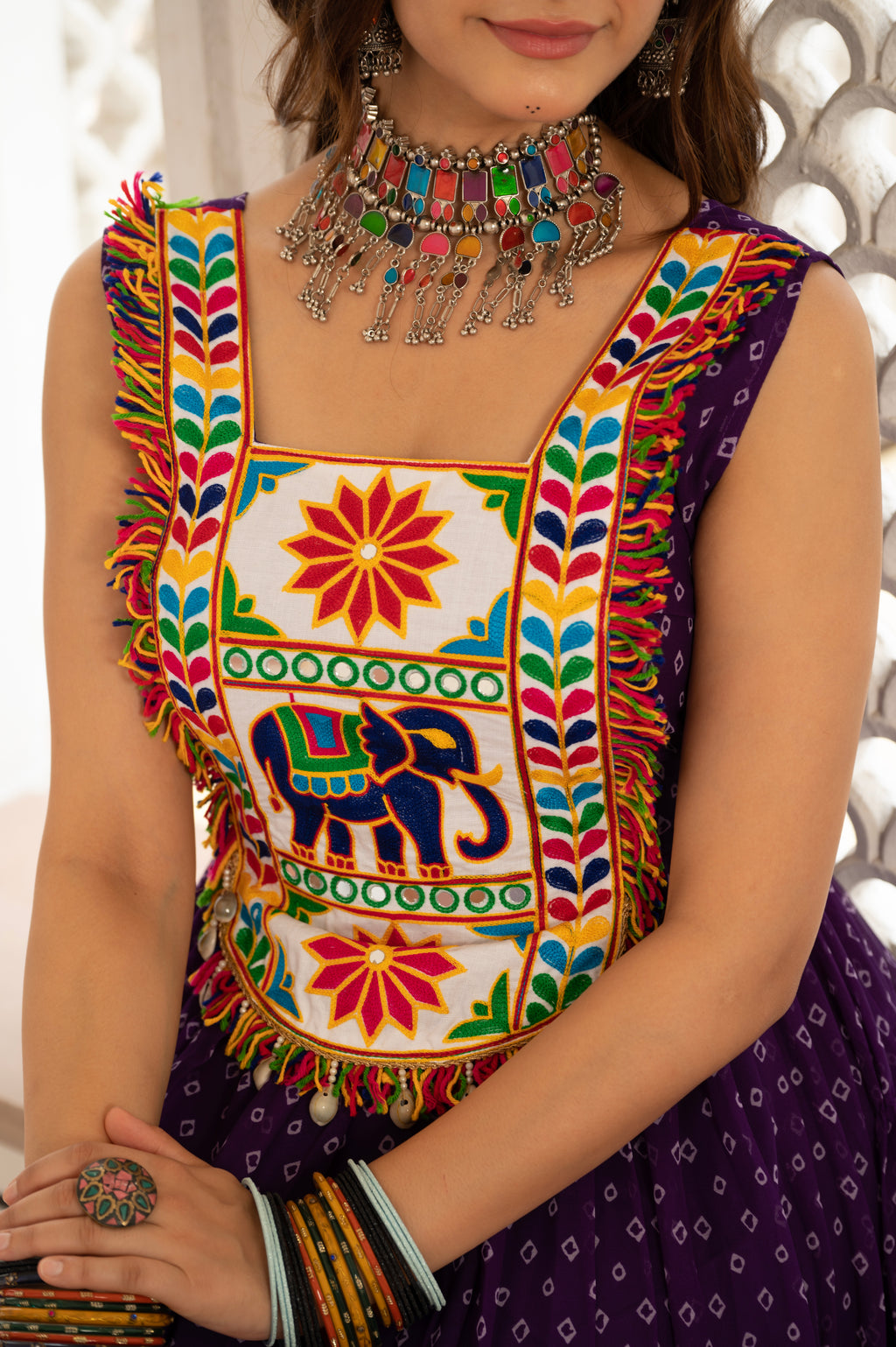 Royal Purple Kutchi Patchwork Embroidered Yoke with Traditional Print and Flared Anarkali Gown