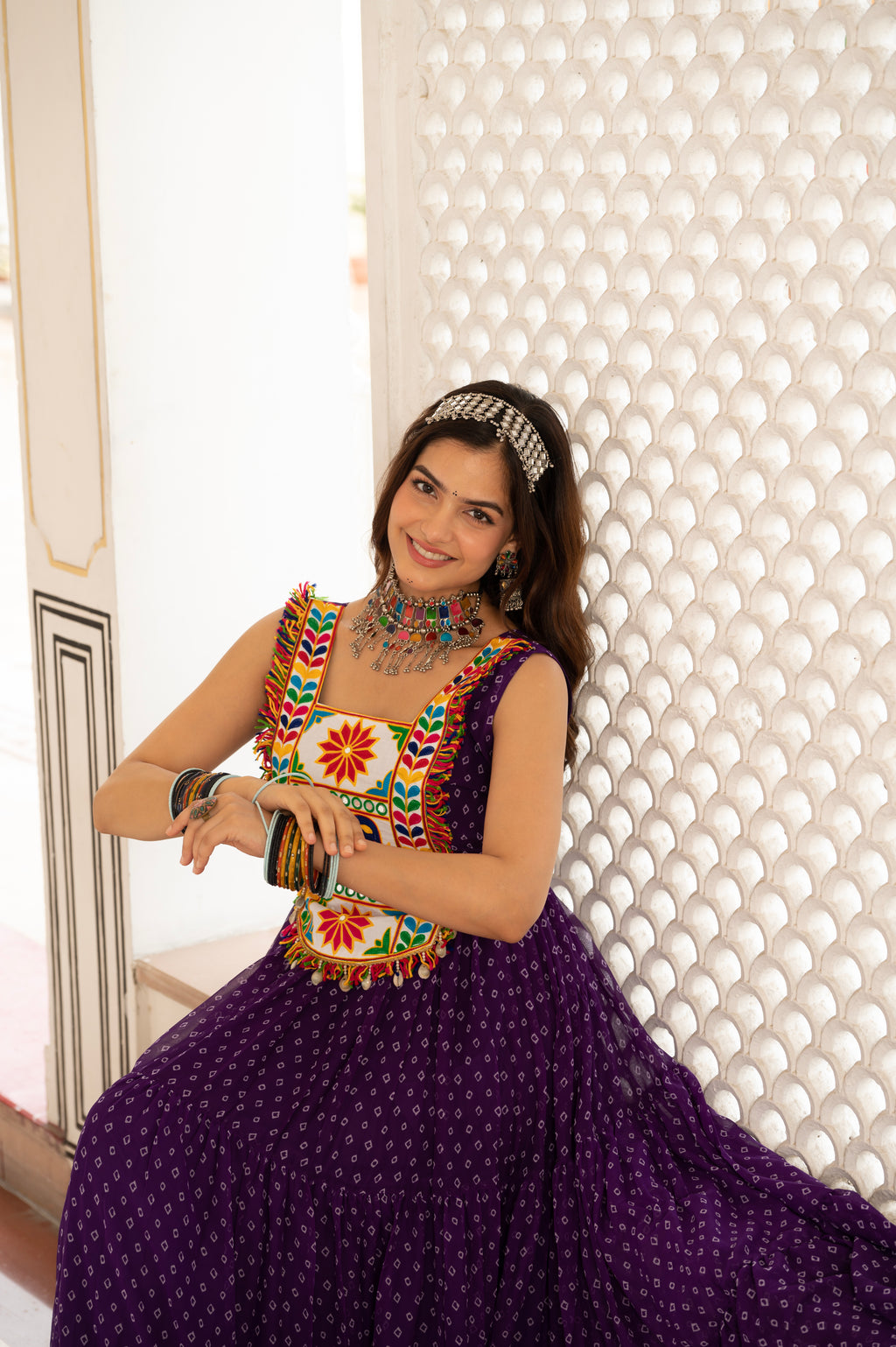 Royal Purple Kutchi Patchwork Embroidered Yoke with Traditional Print and Flared Anarkali Gown