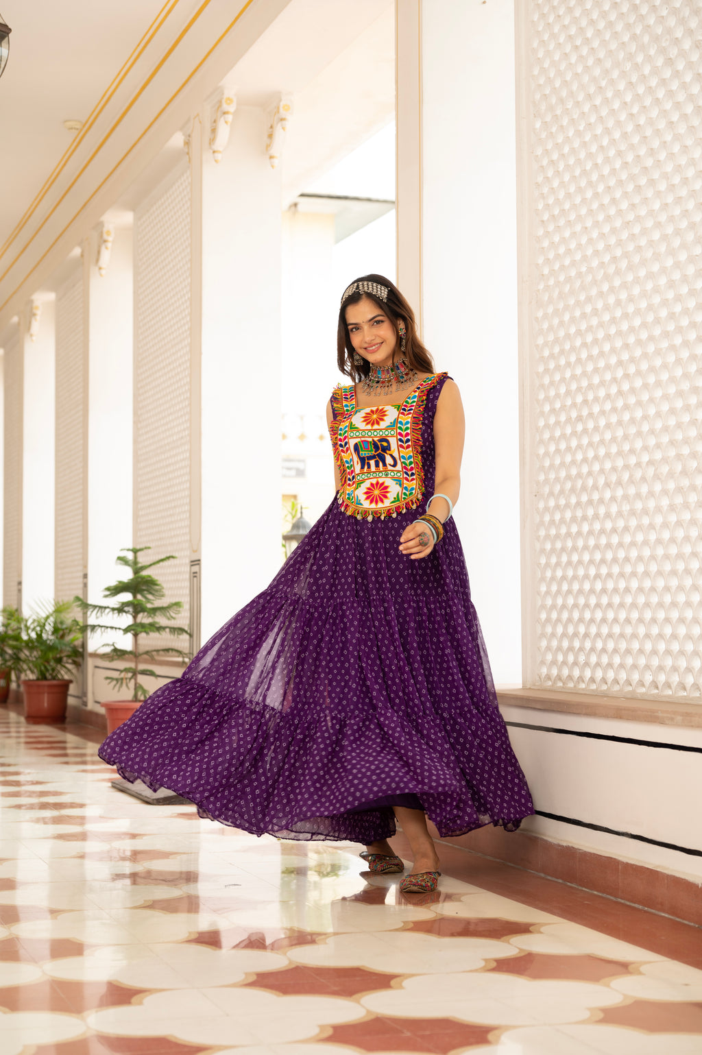 Royal Purple Kutchi Patchwork Embroidered Yoke with Traditional Print and Flared Anarkali Gown