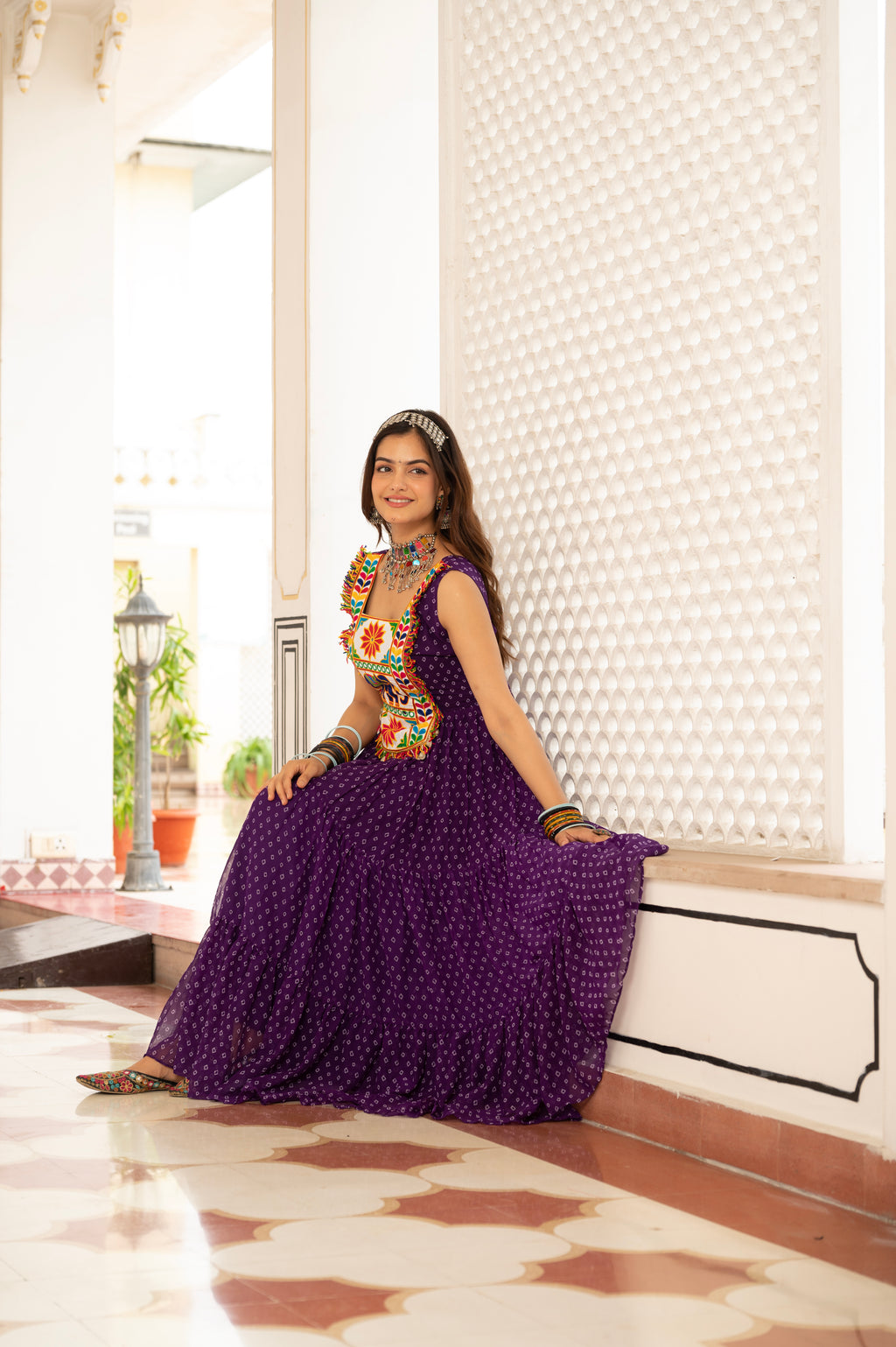 Royal Purple Kutchi Patchwork Embroidered Yoke with Traditional Print and Flared Anarkali Gown