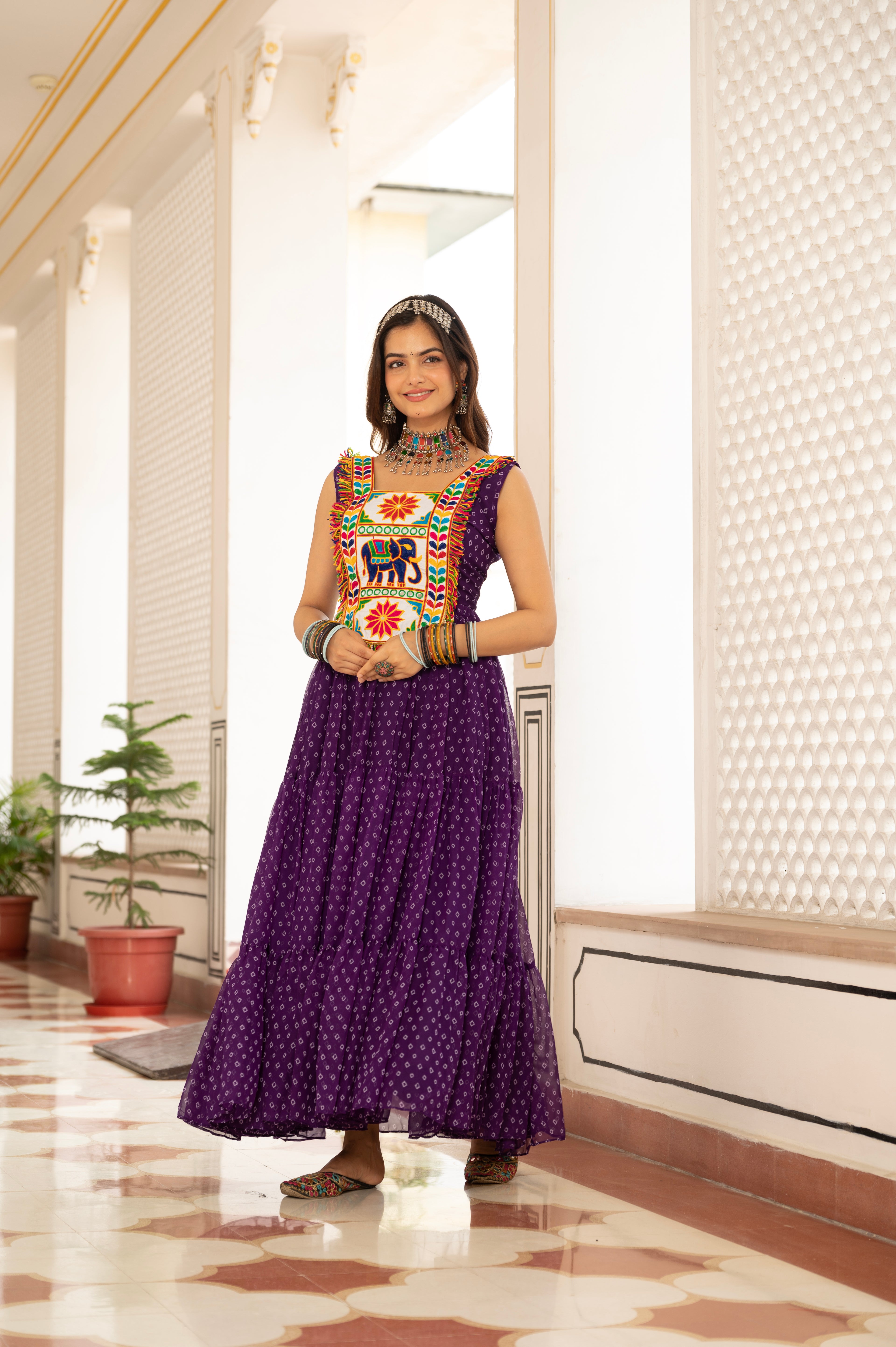 Royal Purple Kutchi Patchwork Embroidered Yoke with Traditional Print and Flared Anarkali Gown
