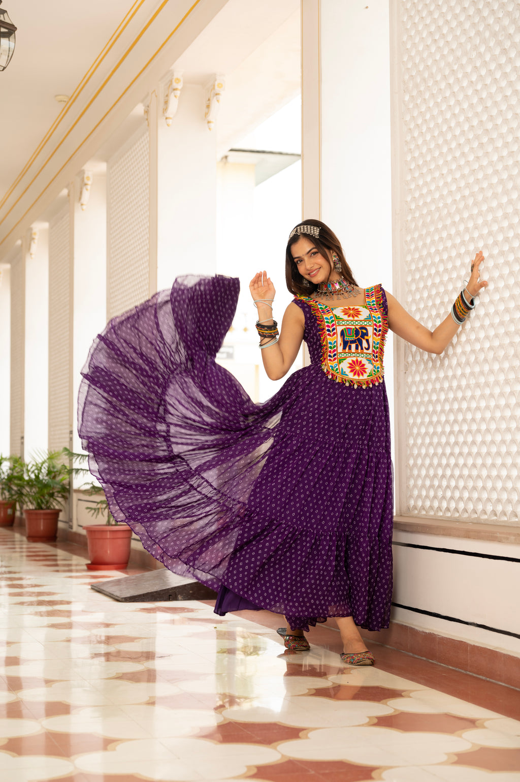 Royal Purple Kutchi Patchwork Embroidered Yoke with Traditional Print and Flared Anarkali Gown