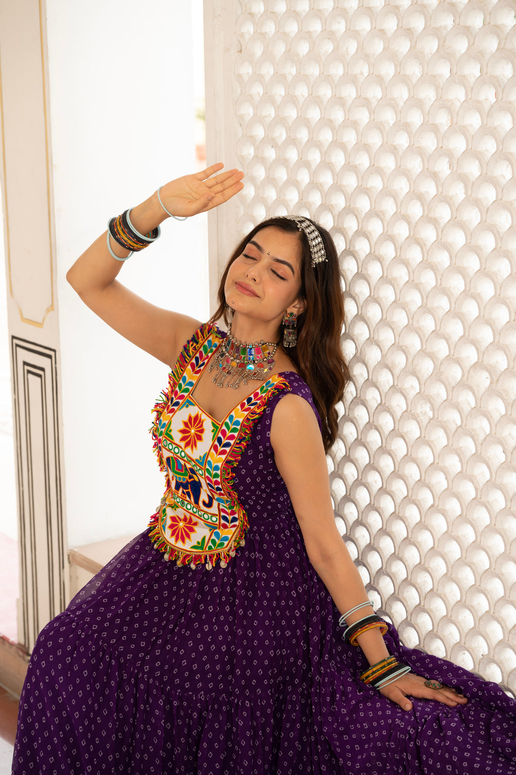Royal Purple Kutchi Patchwork Embroidered Yoke with Traditional Print and Flared Anarkali Gown