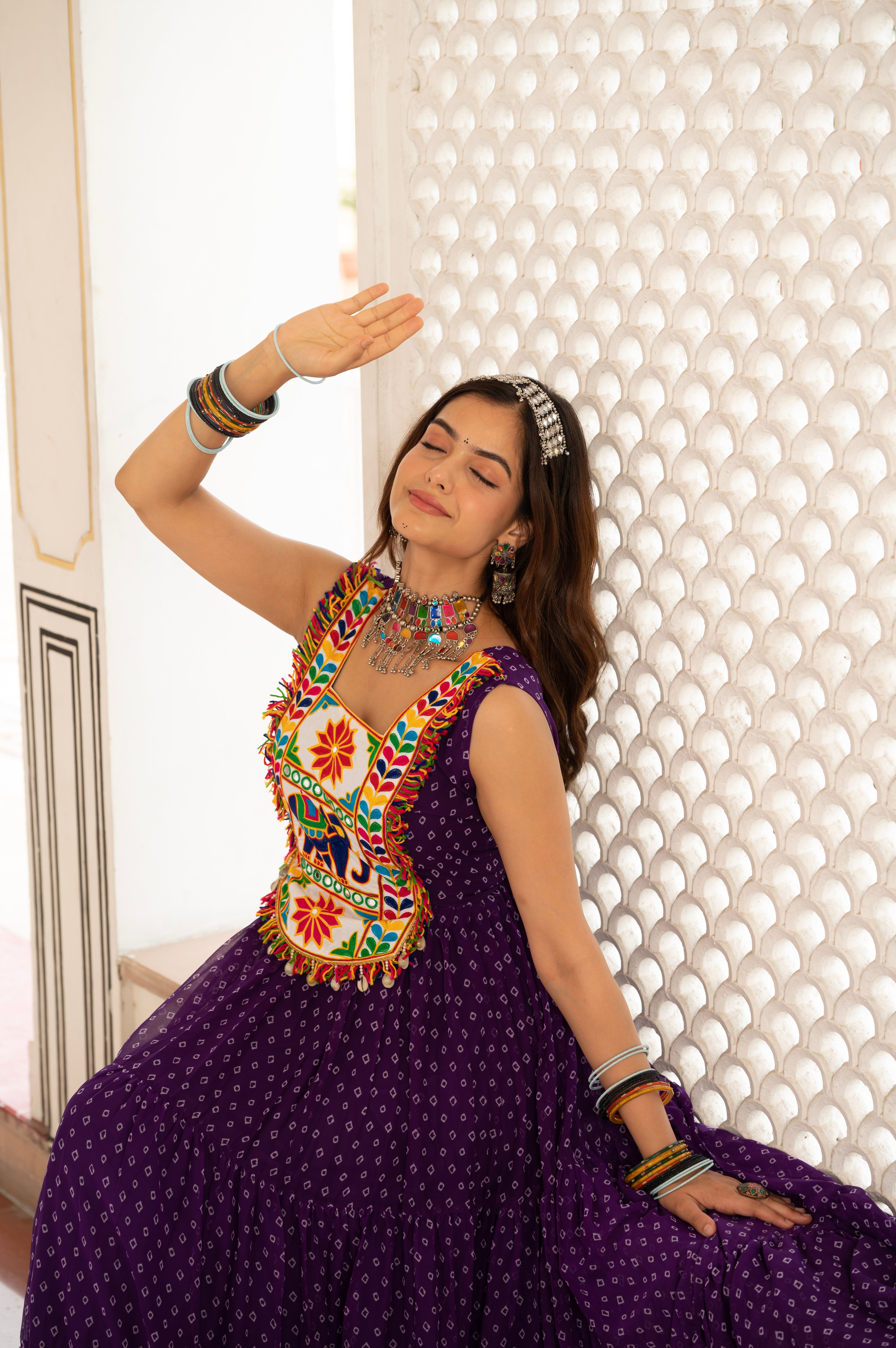 Royal Purple Kutchi Patchwork Embroidered Yoke with Traditional Print and Flared Anarkali Gown