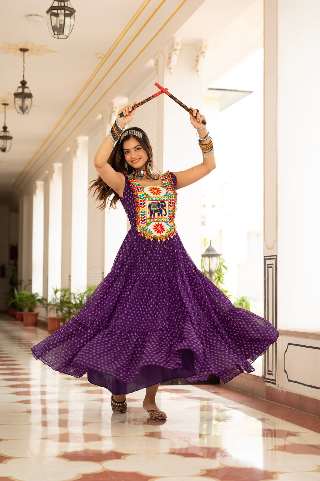 Royal Purple Kutchi Patchwork Embroidered Yoke with Traditional Print and Flared Anarkali Gown