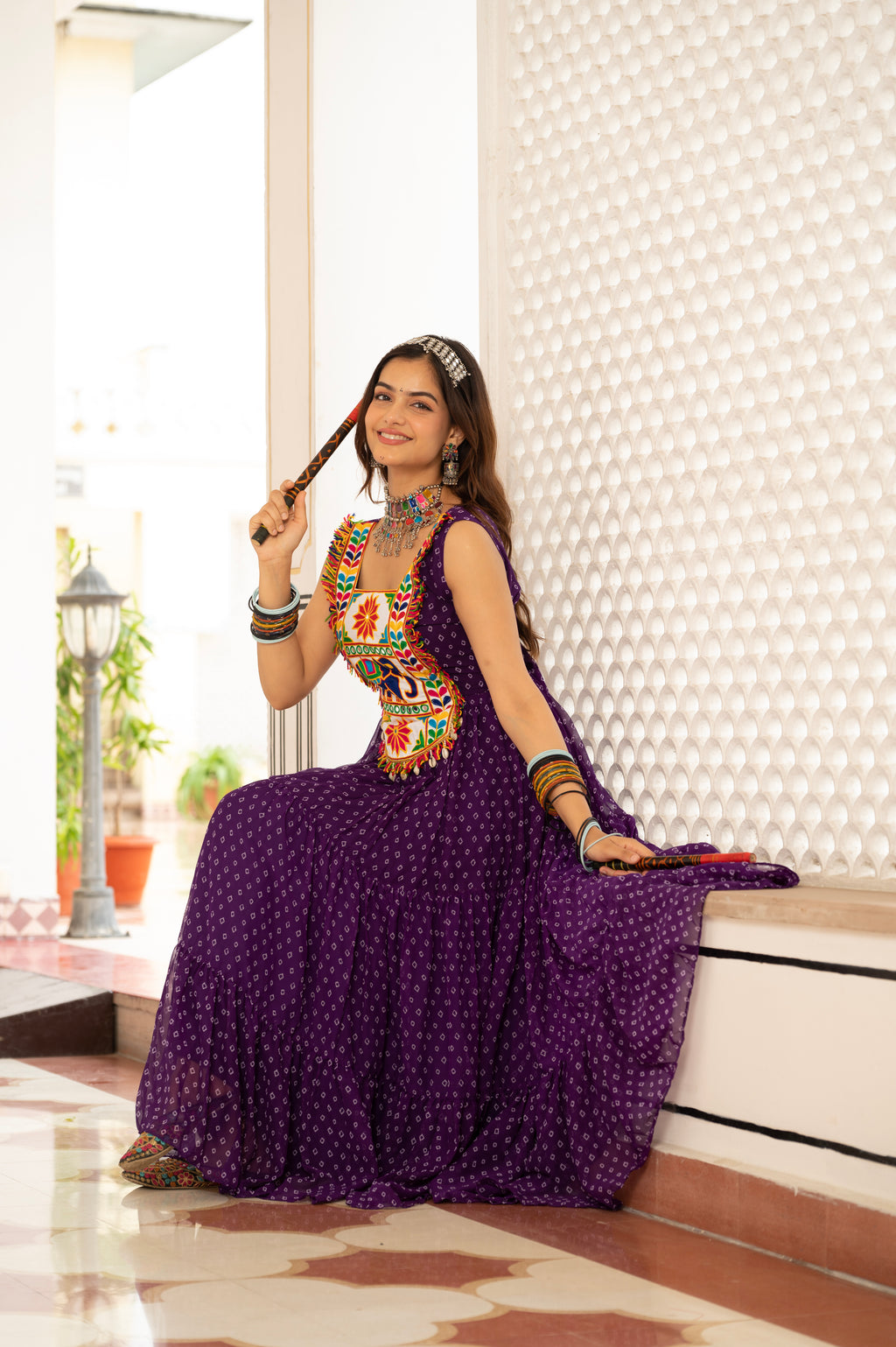 Royal Purple Kutchi Patchwork Embroidered Yoke with Traditional Print and Flared Anarkali Gown
