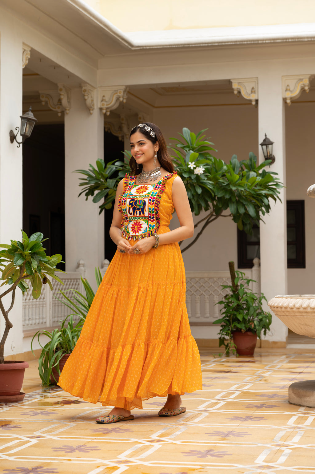 Sunshine Yellow Kutchi Patchwork Embroidered Yoke with Traditional Print and Graceful Flared Anarkali Gown