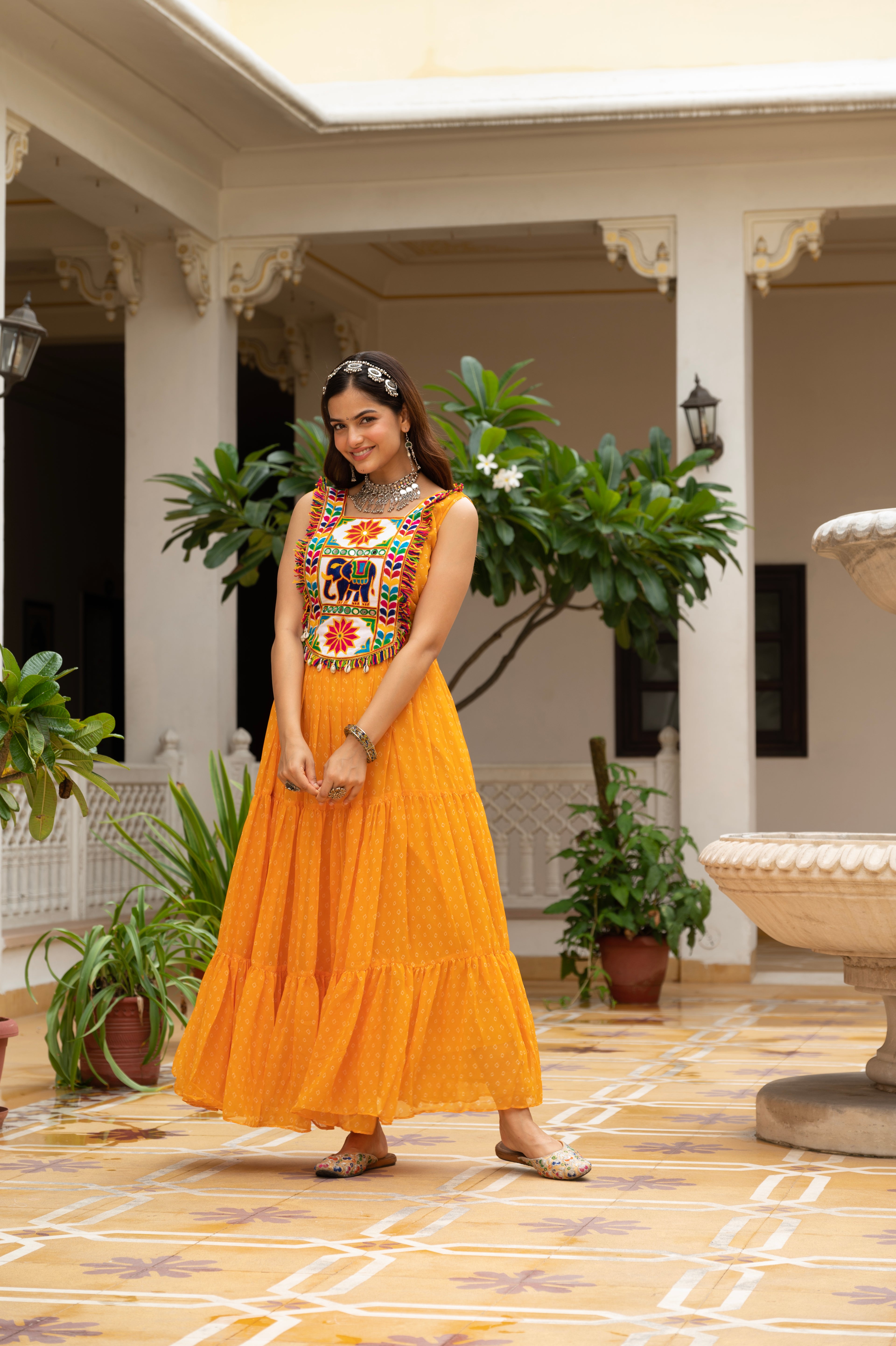 Sunshine Yellow Kutchi Patchwork Embroidered Yoke with Traditional Print and Graceful Flared Anarkali Gown