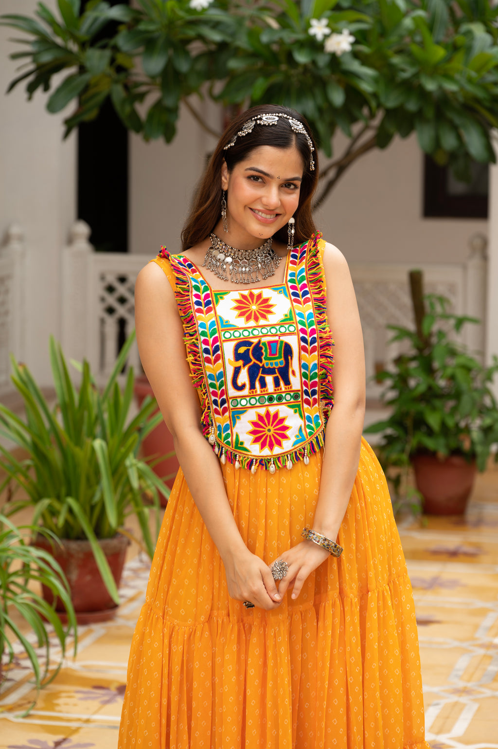 Sunshine Yellow Kutchi Patchwork Embroidered Yoke with Traditional Print and Graceful Flared Anarkali Gown