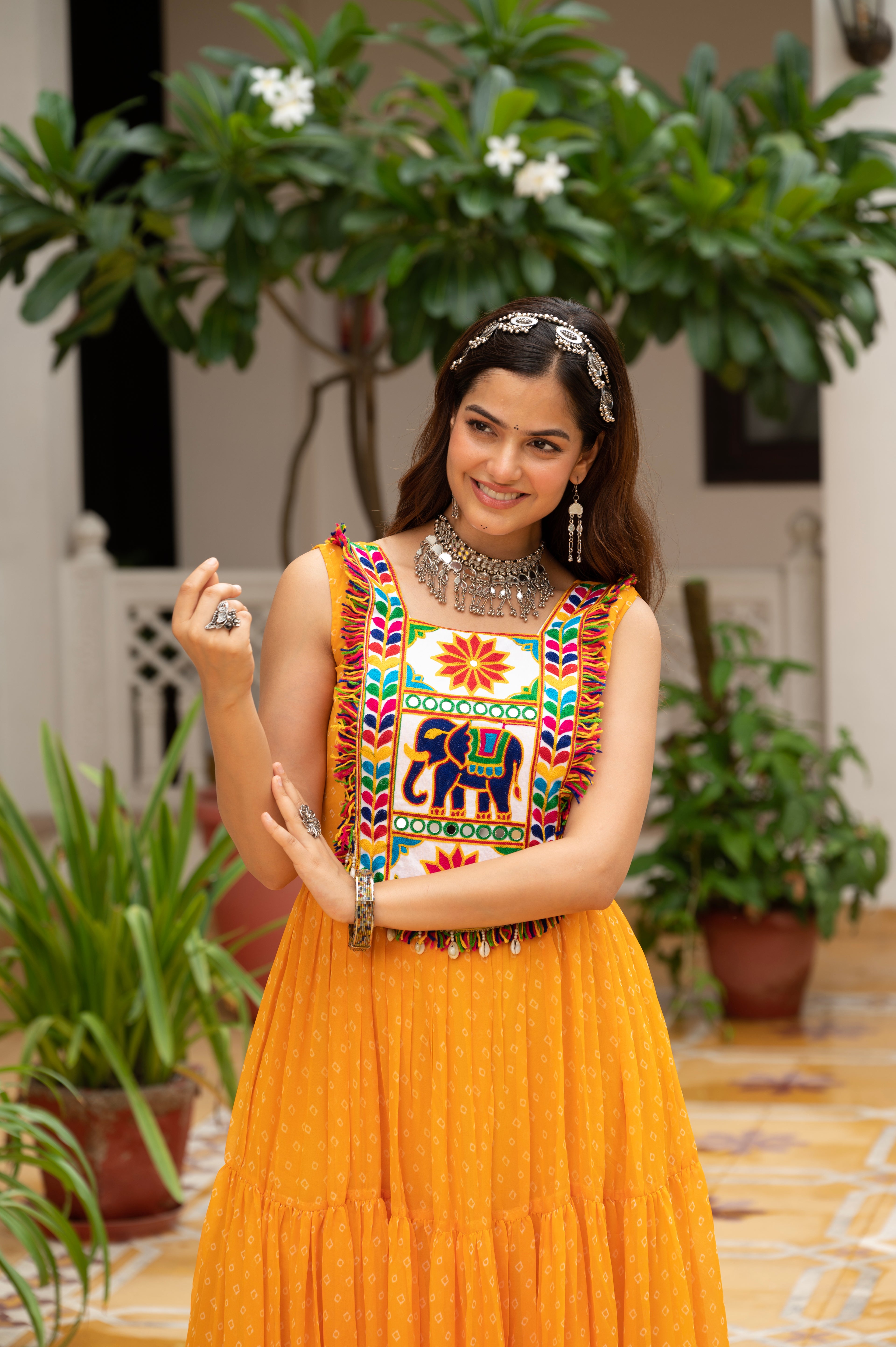 Sunshine Yellow Kutchi Patchwork Embroidered Yoke with Traditional Print and Graceful Flared Anarkali Gown