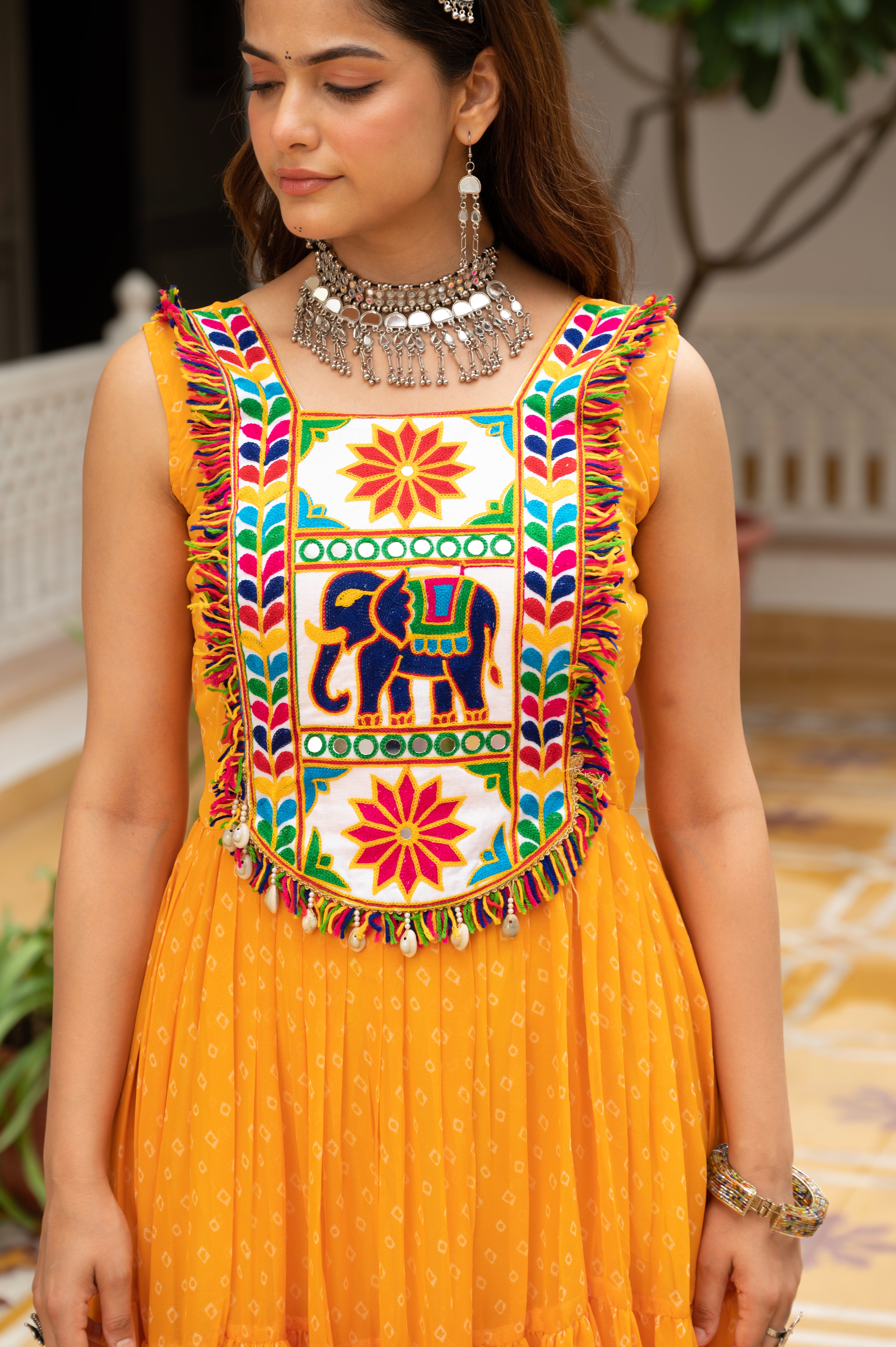 Sunshine Yellow Kutchi Patchwork Embroidered Yoke with Traditional Print and Graceful Flared Anarkali Gown