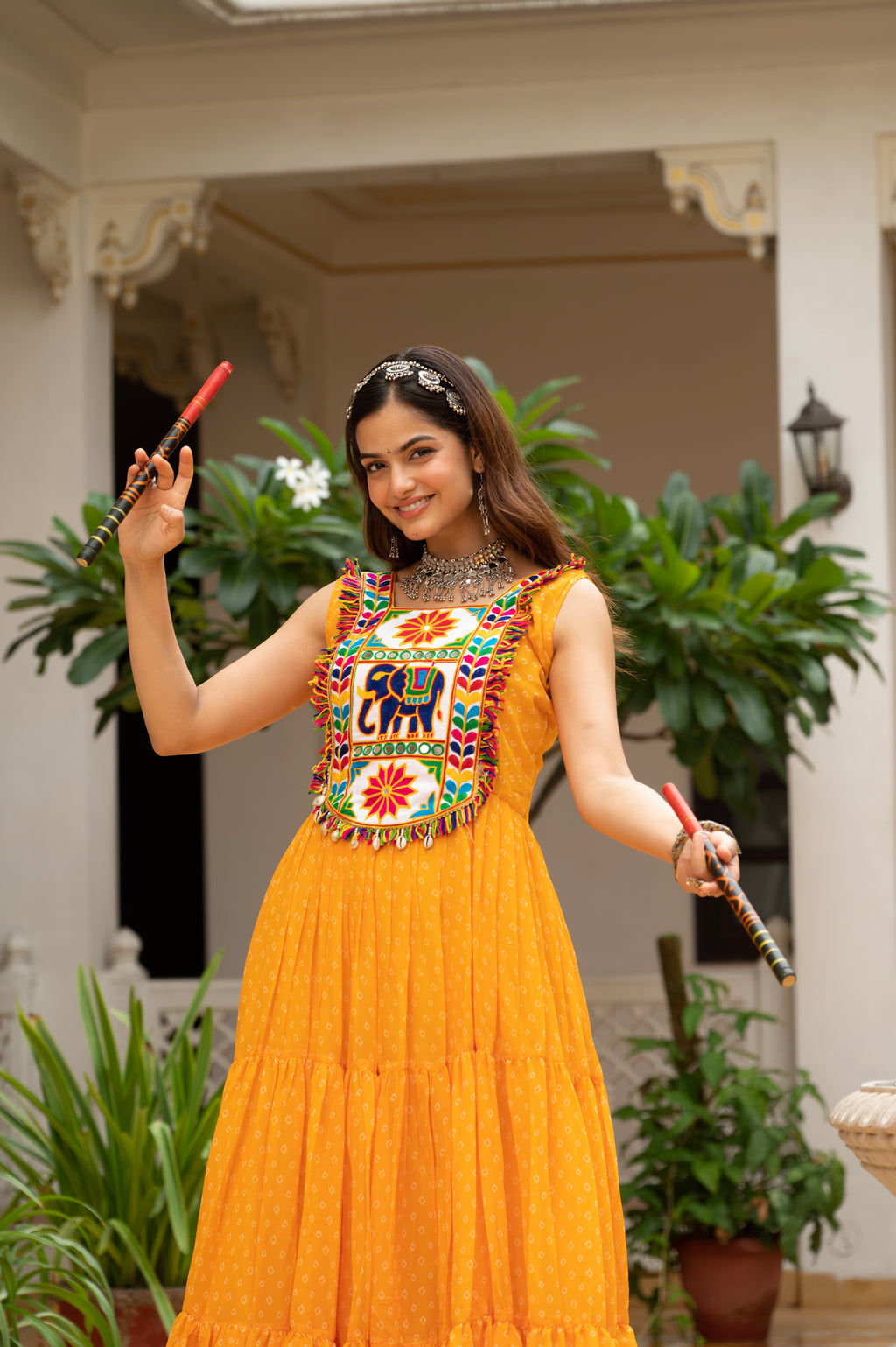 Sunshine Yellow Kutchi Patchwork Embroidered Yoke with Traditional Print and Graceful Flared Anarkali Gown