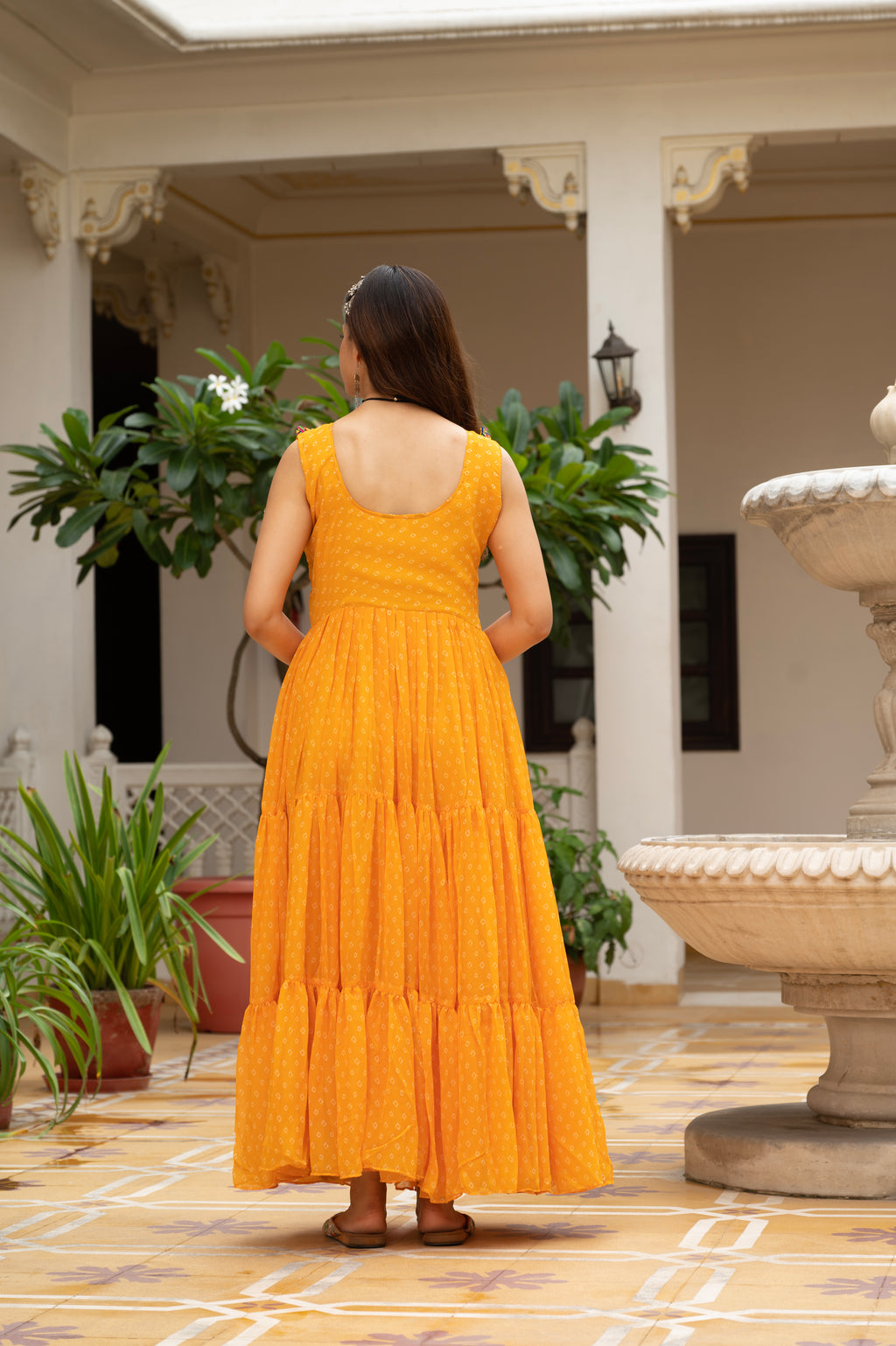 Sunshine Yellow Kutchi Patchwork Embroidered Yoke with Traditional Print and Graceful Flared Anarkali Gown